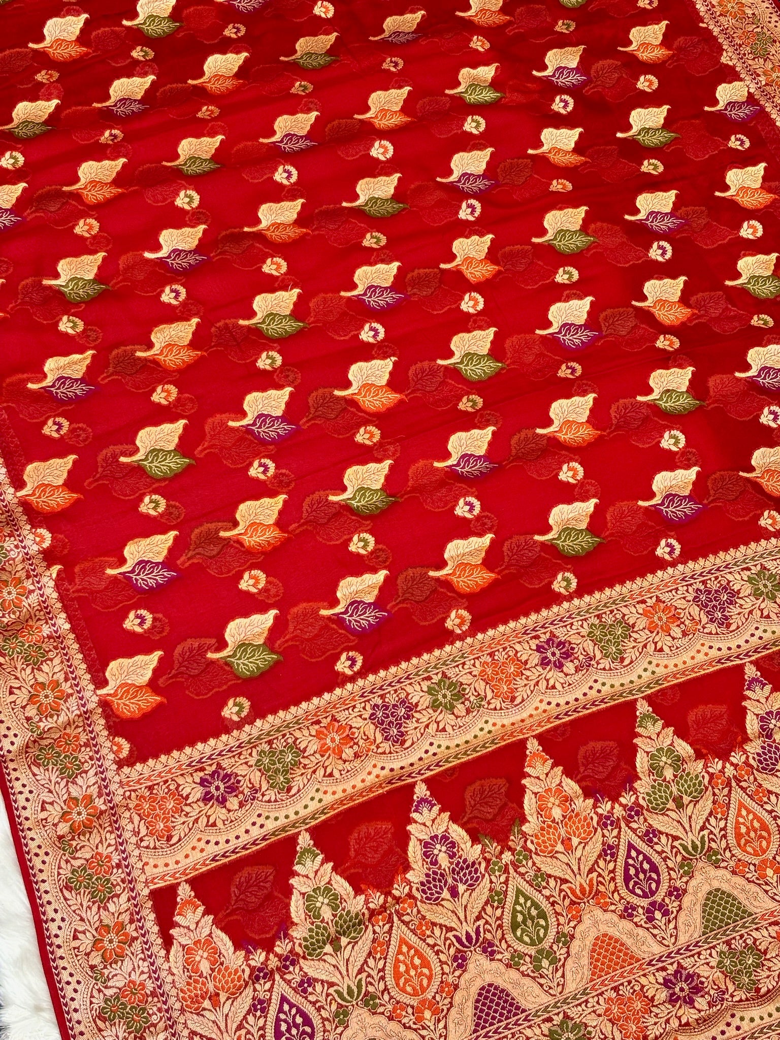 Pure Chiffon Silk Saree in Red with Zari Border | Handcrafted Elegant Party Wear