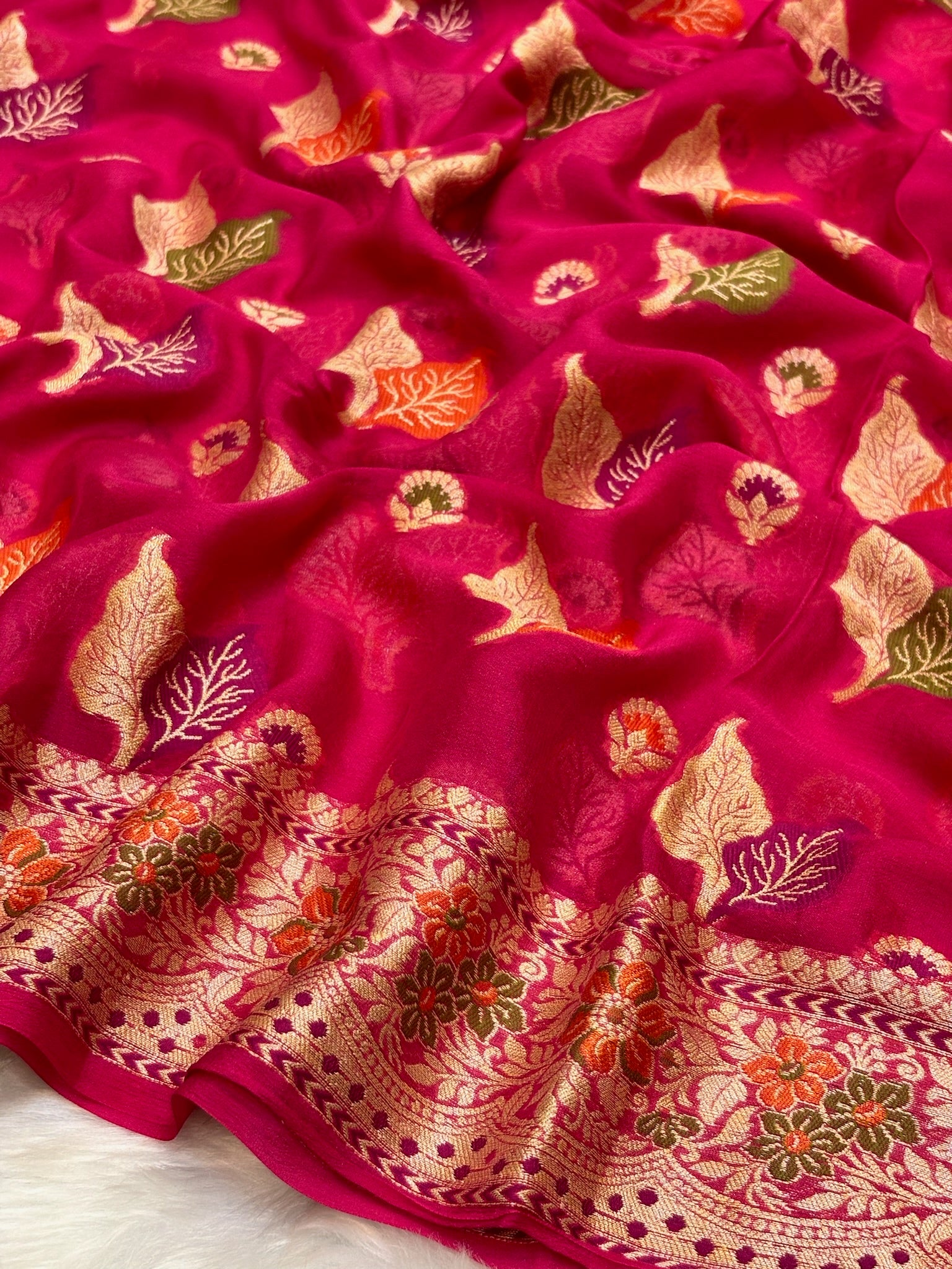 Pure Chiffon Silk Saree Rani Pink in with Zari Border | Handcrafted Elegant Party Wear