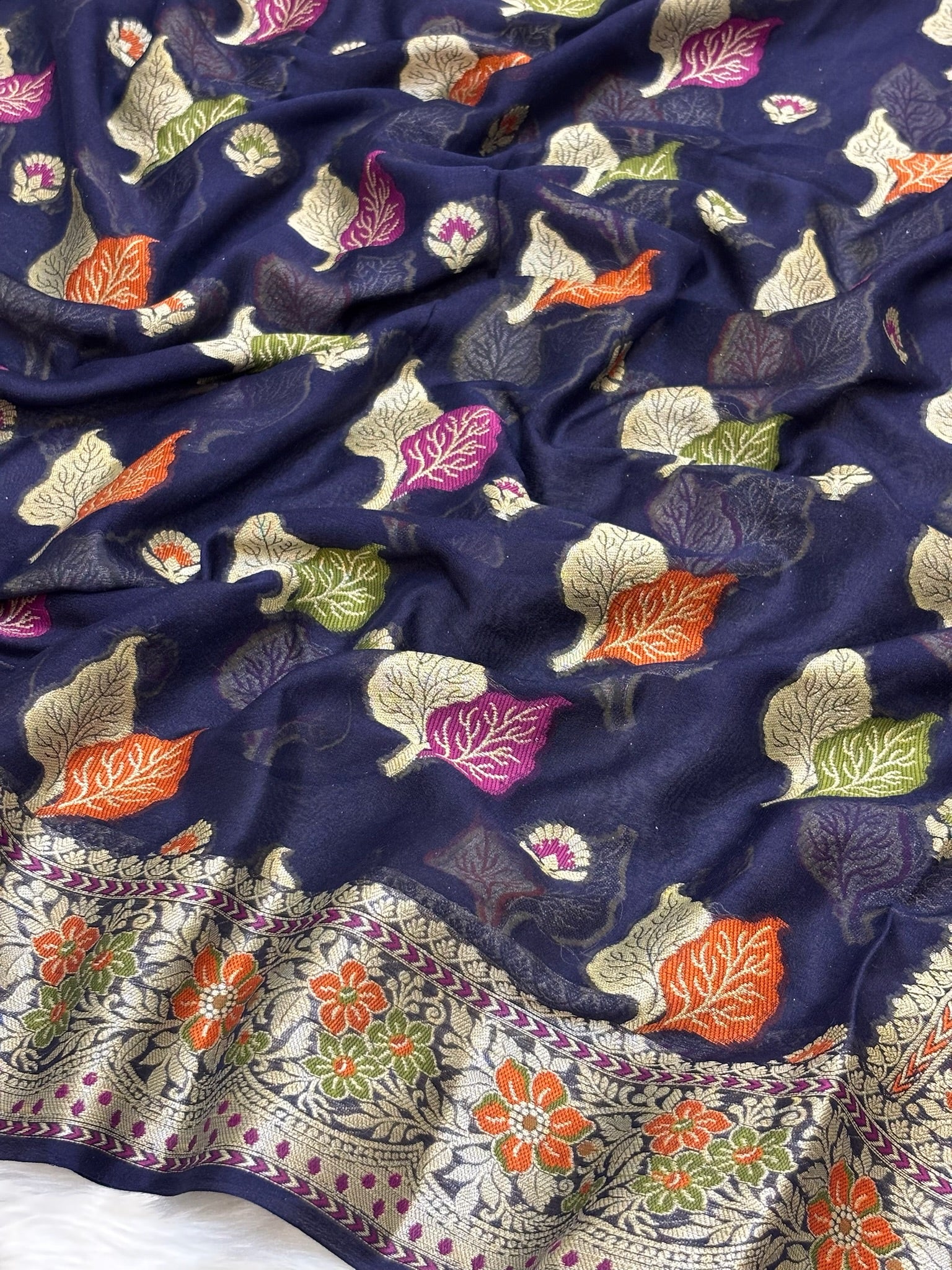 Pure Chiffon Silk Saree in Neavy Blue with Zari Border | Handcrafted Elegant Party Wear