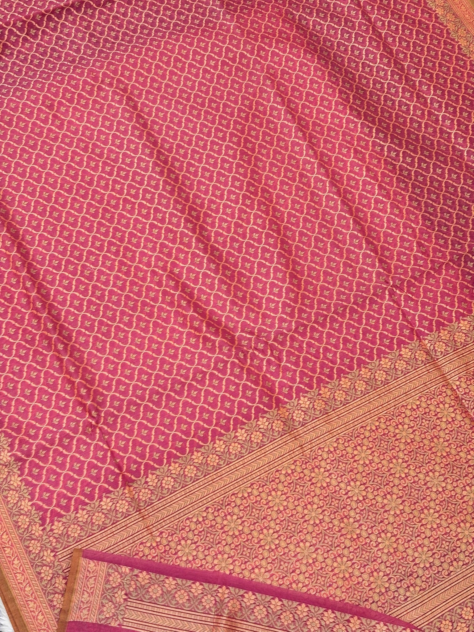 Pure Cotton Silk Saree in Rose Pink with Floral Buti & Elegant Border