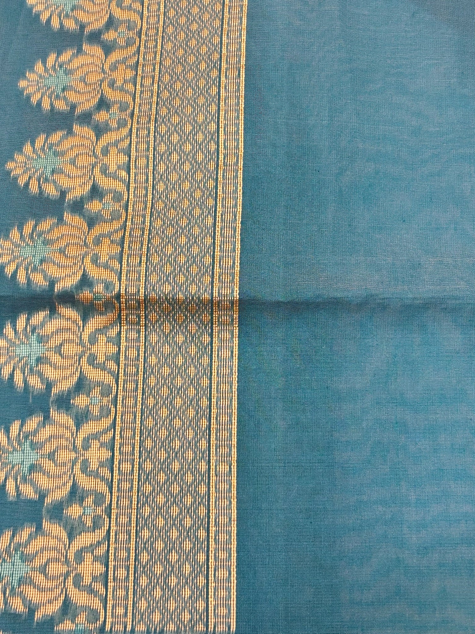 Pure Cotton Silk Saree in Ocean Blue with Floral Buti & Elegant Border
