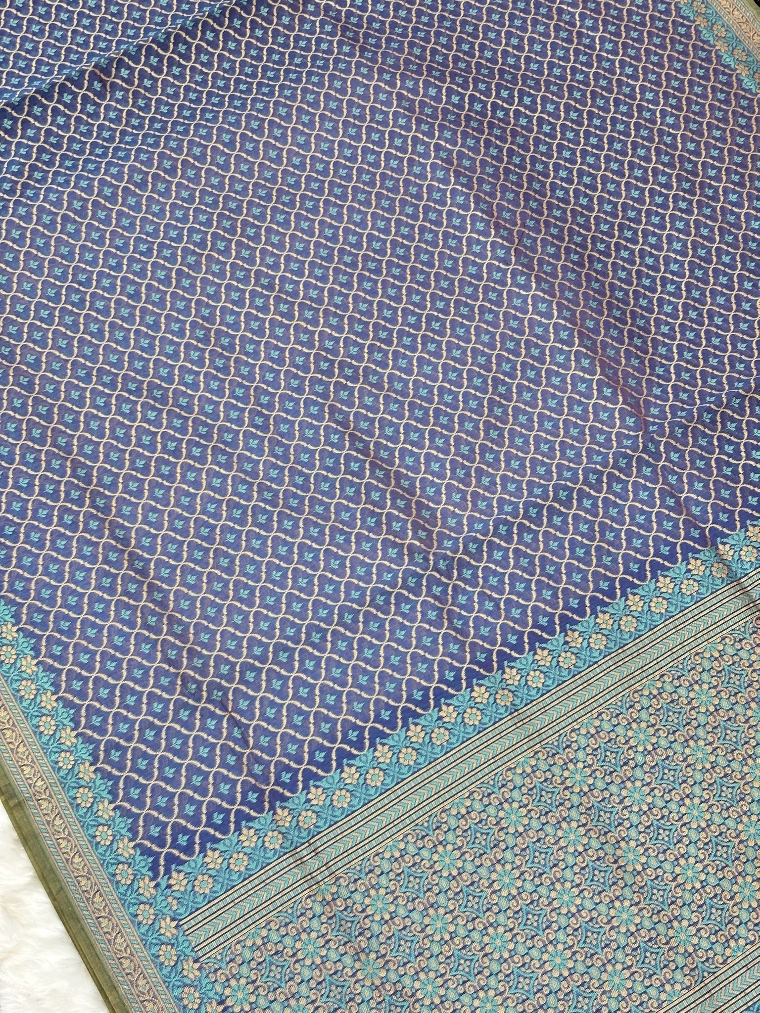 Pure Cotton Silk Saree in Regal Blue Tone with Floral Buti & Elegant Border
