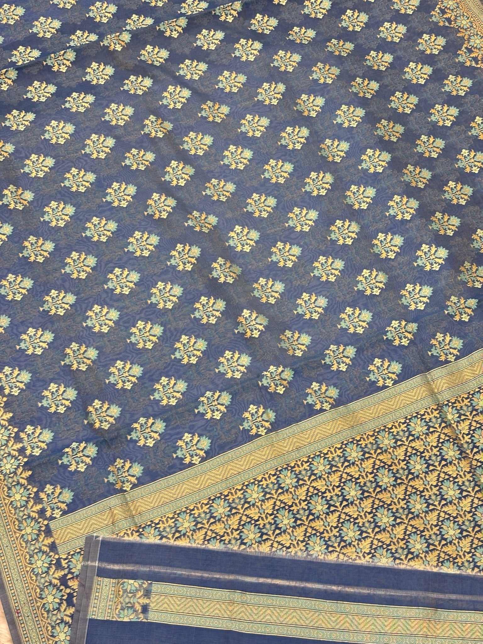 Pure Cotton Silk Saree in Soft Greyish Blue with Floral Buti & Elegant Border