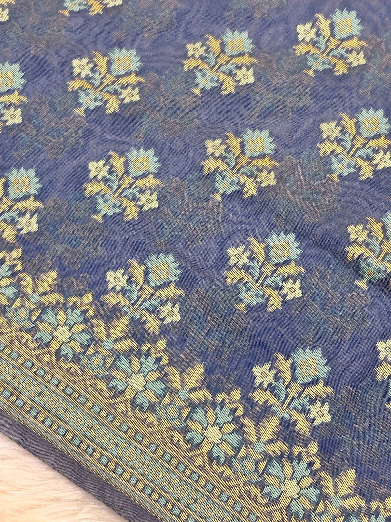 Pure Cotton Silk Saree in Soft Greyish Blue with Floral Buti & Elegant Border
