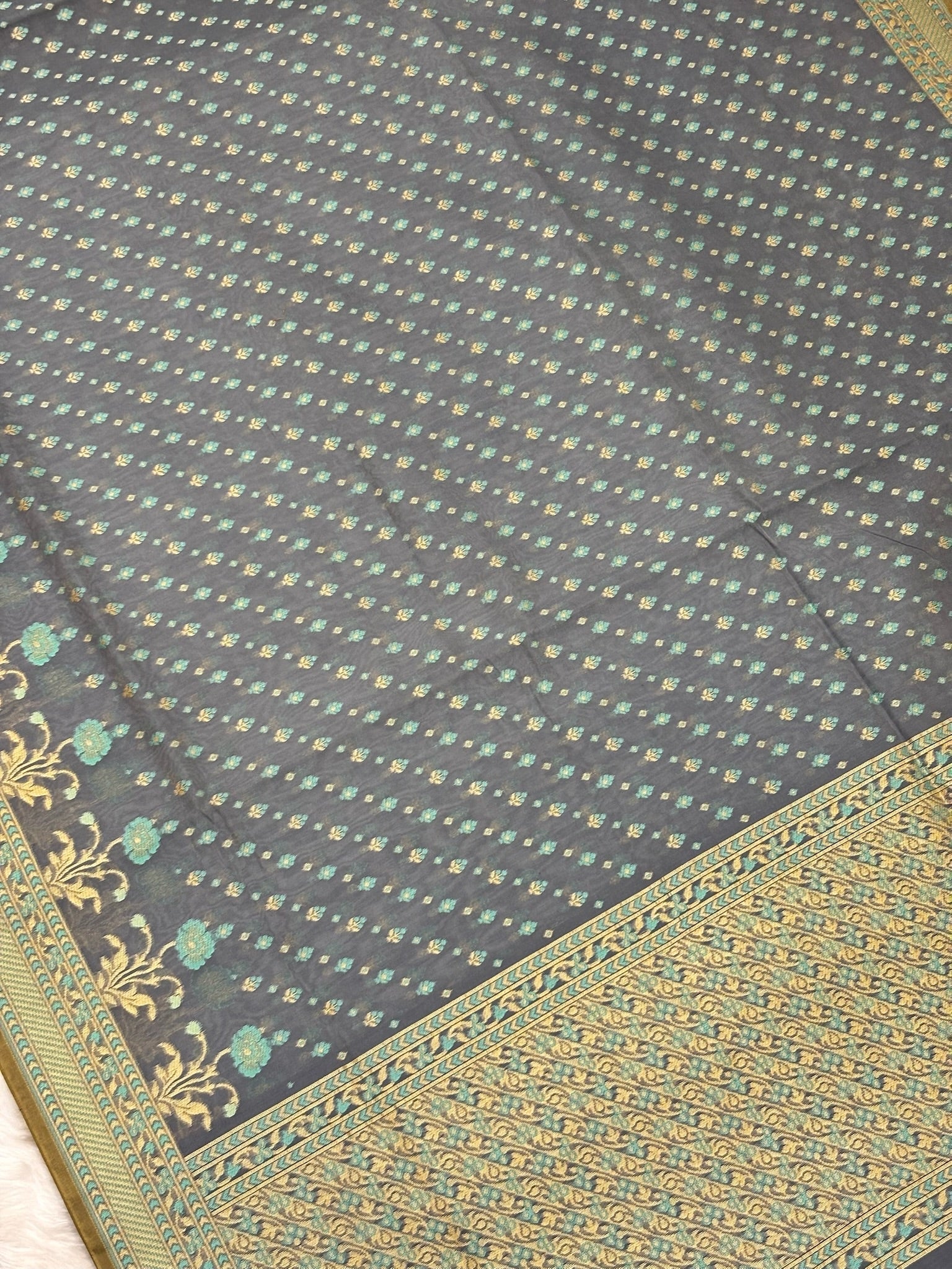 Pure Cotton Silk Saree in Steel Grey with Floral Buti & Elegant Border