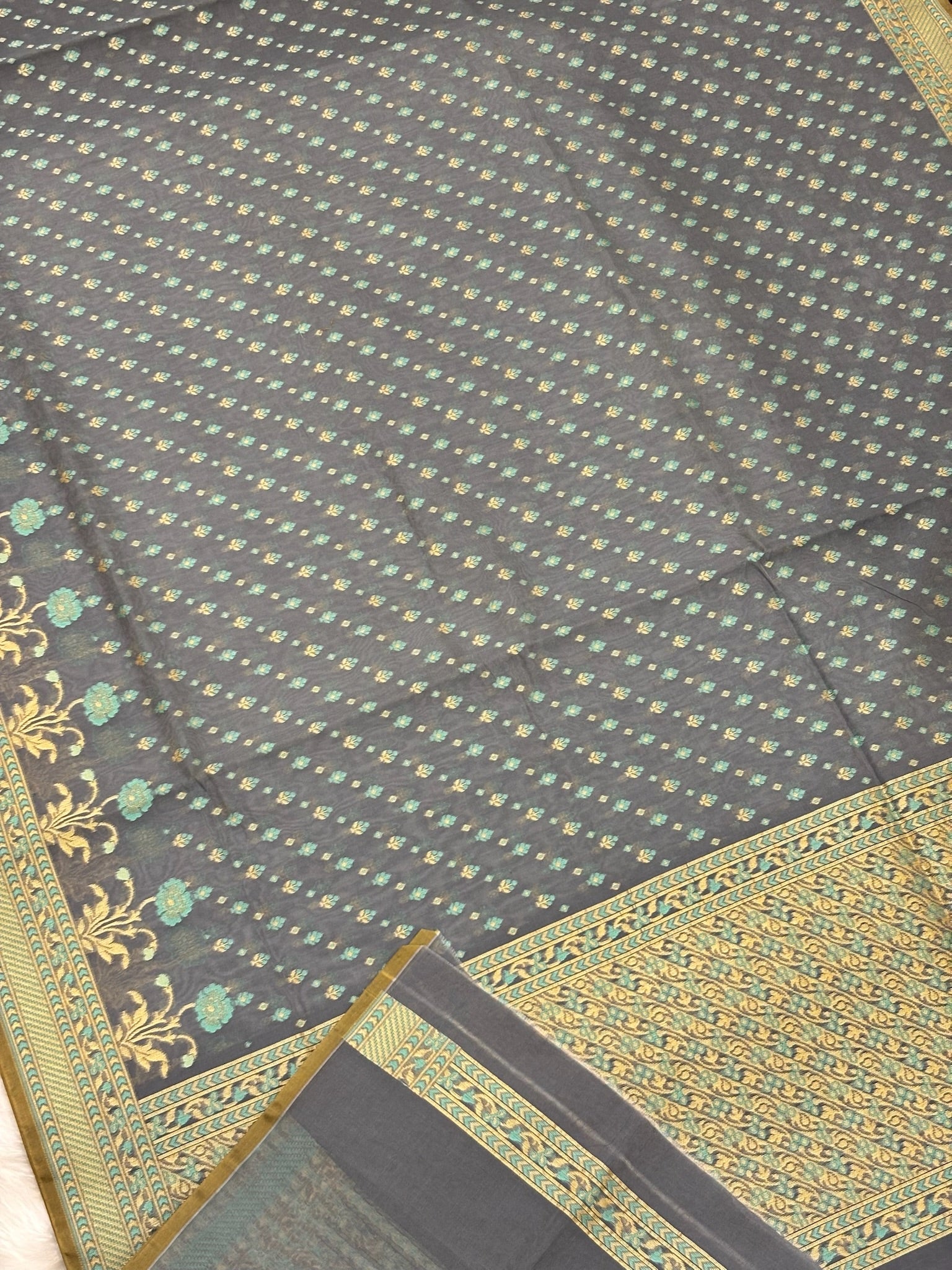 Pure Cotton Silk Saree in Steel Grey with Floral Buti & Elegant Border