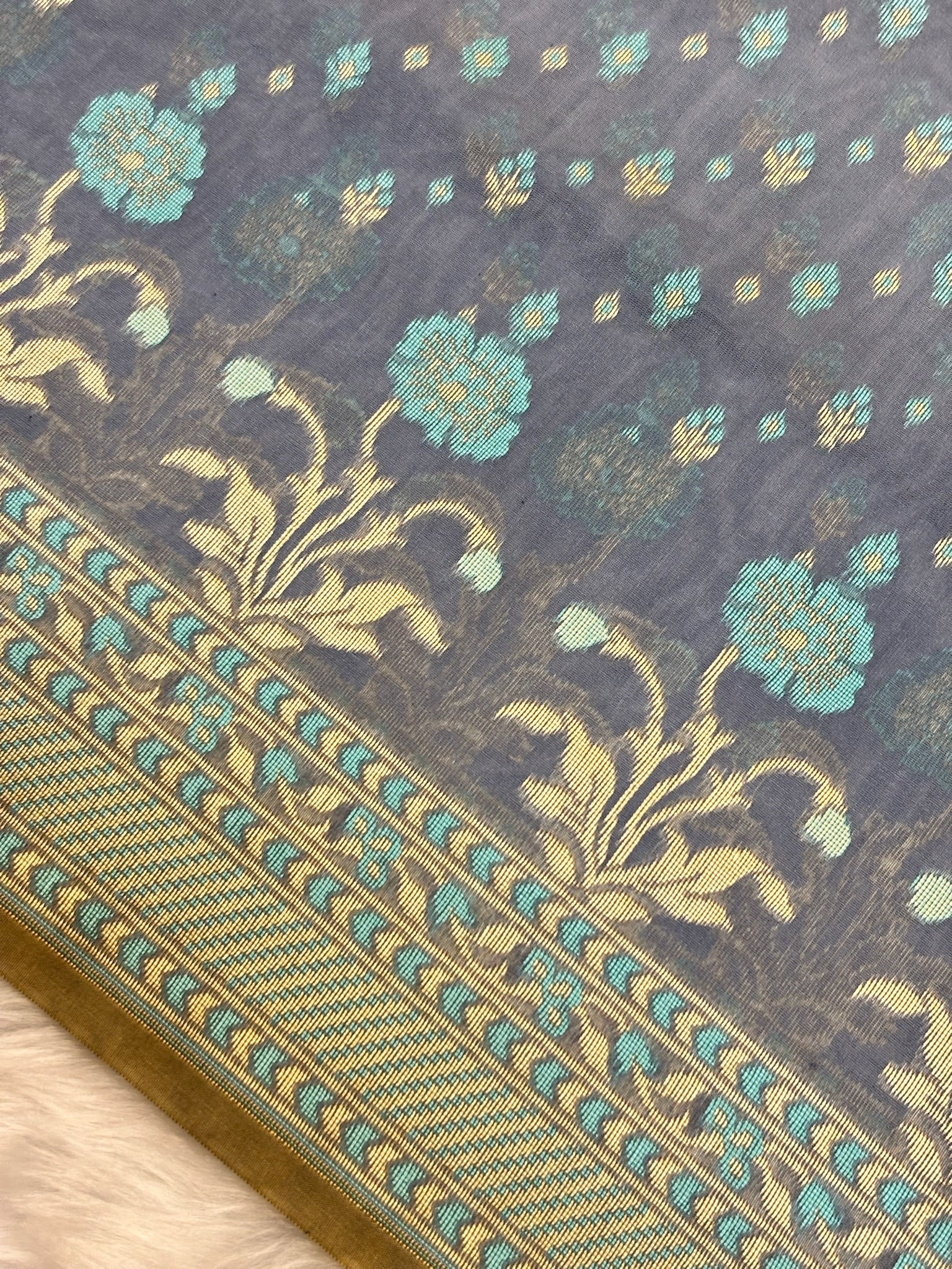 Pure Cotton Silk Saree in Soft Steel Grey with Floral Buti & Elegant Border