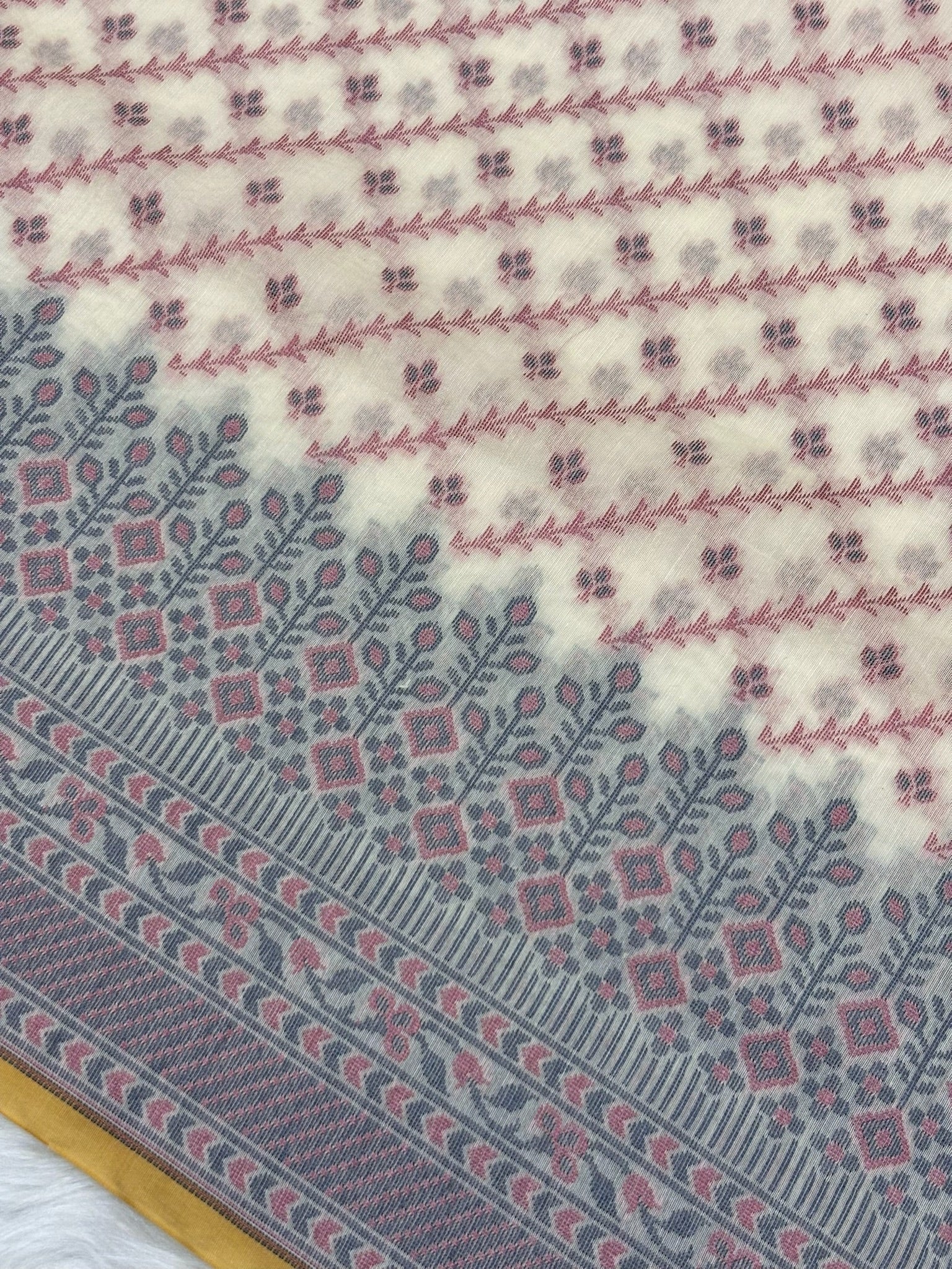 Pure Cotton Silk Saree in Soft Ivory with Floral Buti & Elegant Border