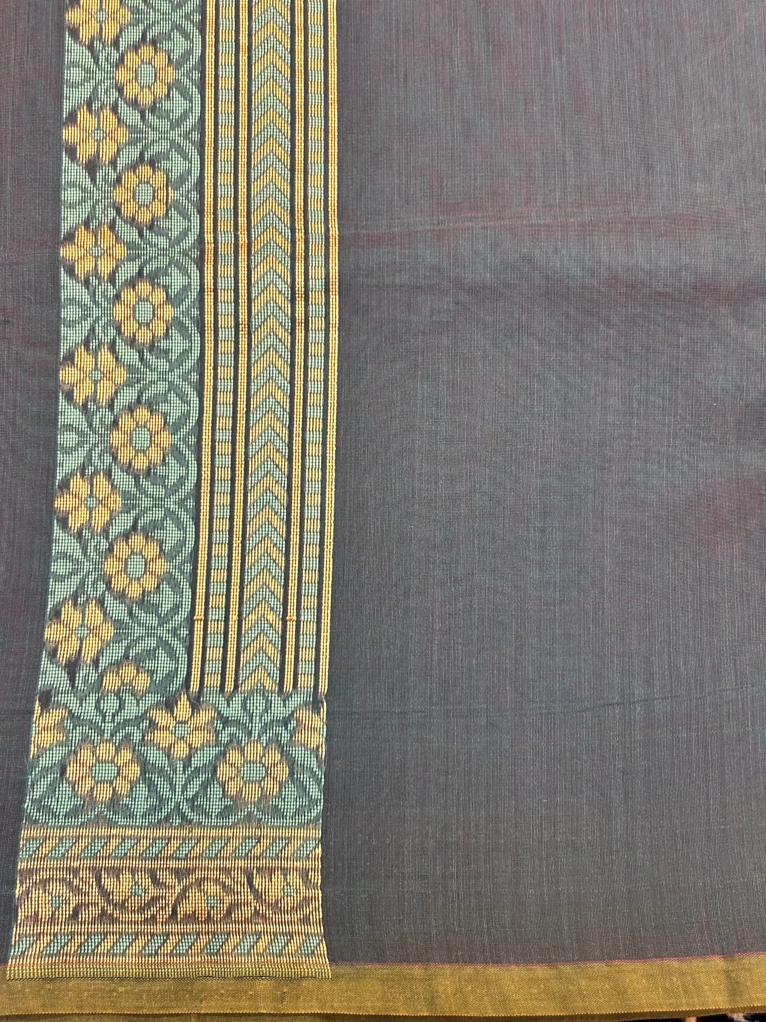 Pure Cotton Silk Saree in Teal Blue with Floral Buti & Elegant Border