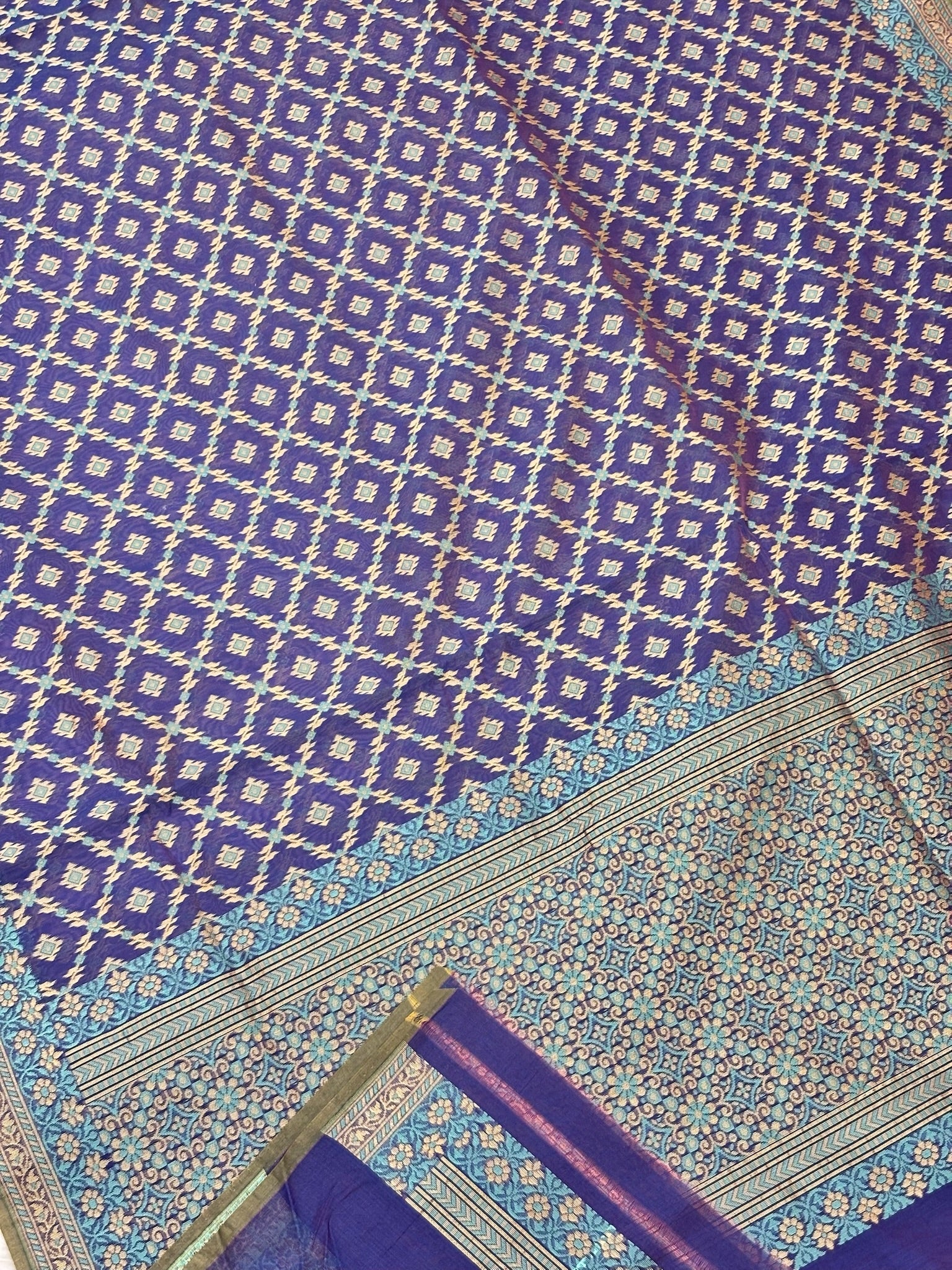 Pure Cotton Silk Saree in Regal Blue Tone with Floral Buti & Elegant Border