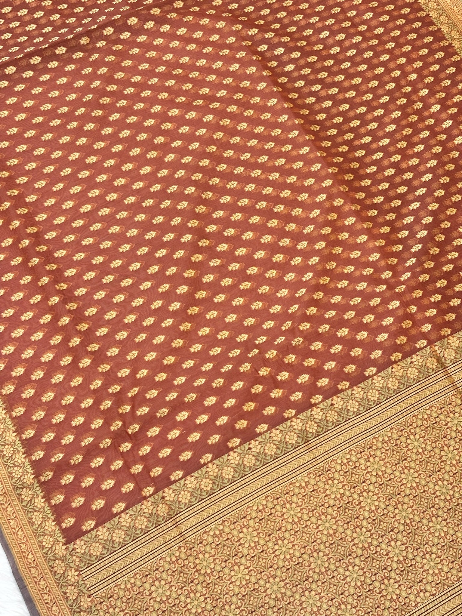 Pure Cotton Silk Saree in Rust Brown with Floral Buti & Elegant Border