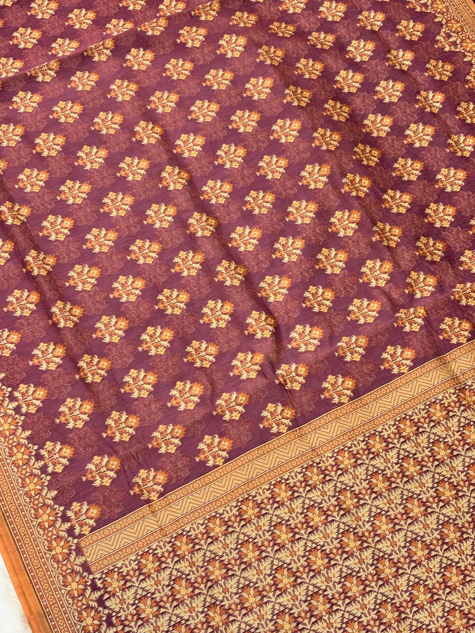 Pure Cotton Silk Saree in Plum with Floral Buti & Elegant Border