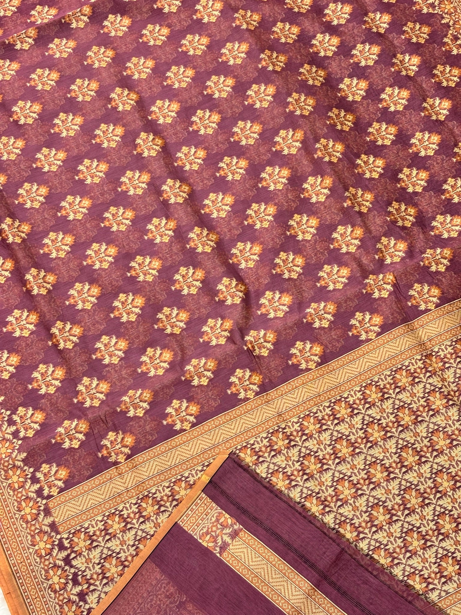 Pure Cotton Silk Saree in Plum with Floral Buti & Elegant Border