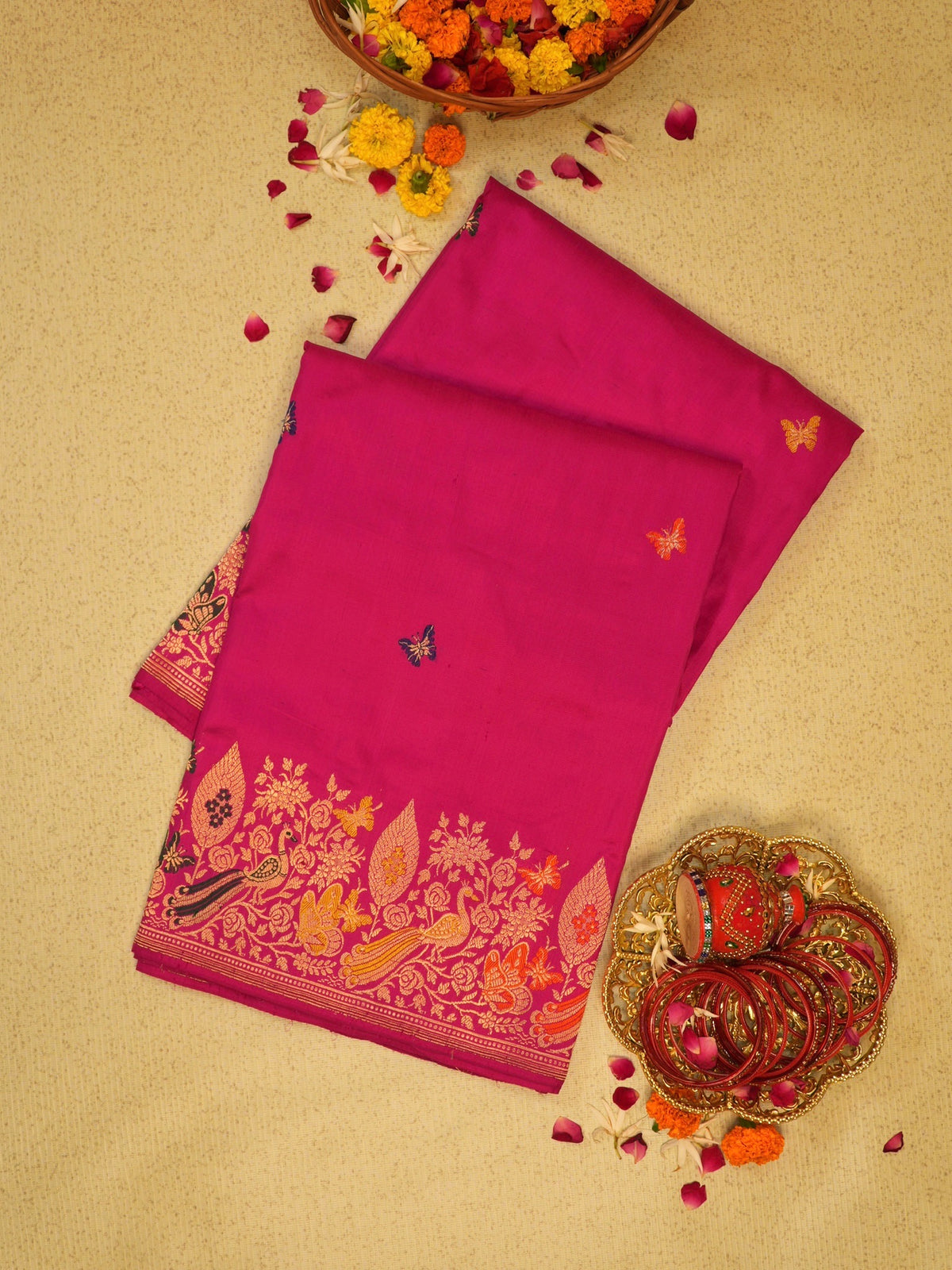 Rani Pink 100% Pure Katan Handwoven Silk Saree with Zari Work
