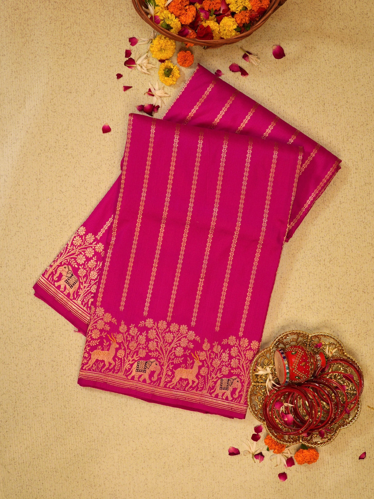 Rani Pink 100% Pure Katan Handwoven Silk Saree with Zari Work