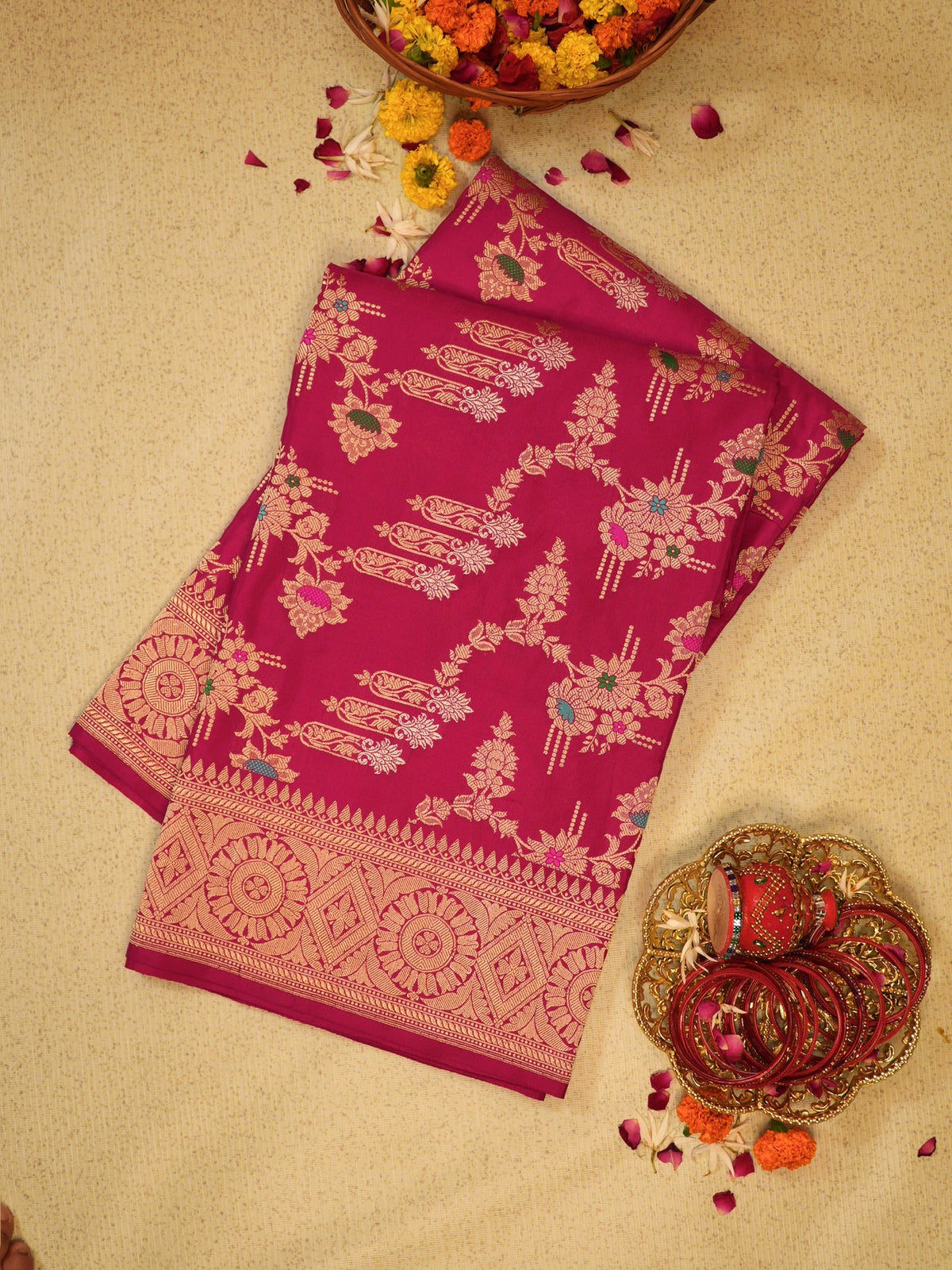 Rani Pink 100% Pure Katan Handwoven Silk Saree with Zari Work