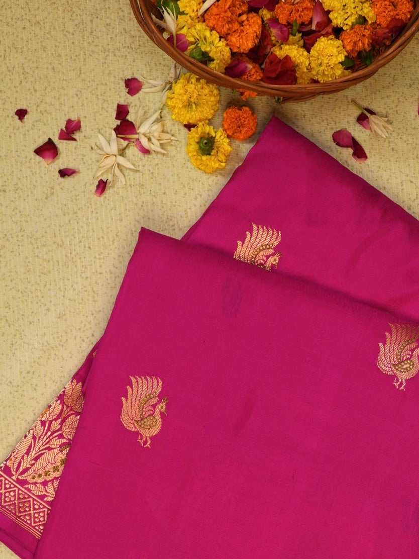 Rani Pink 100% Pure Katan Handwoven Silk Saree with Zari Work