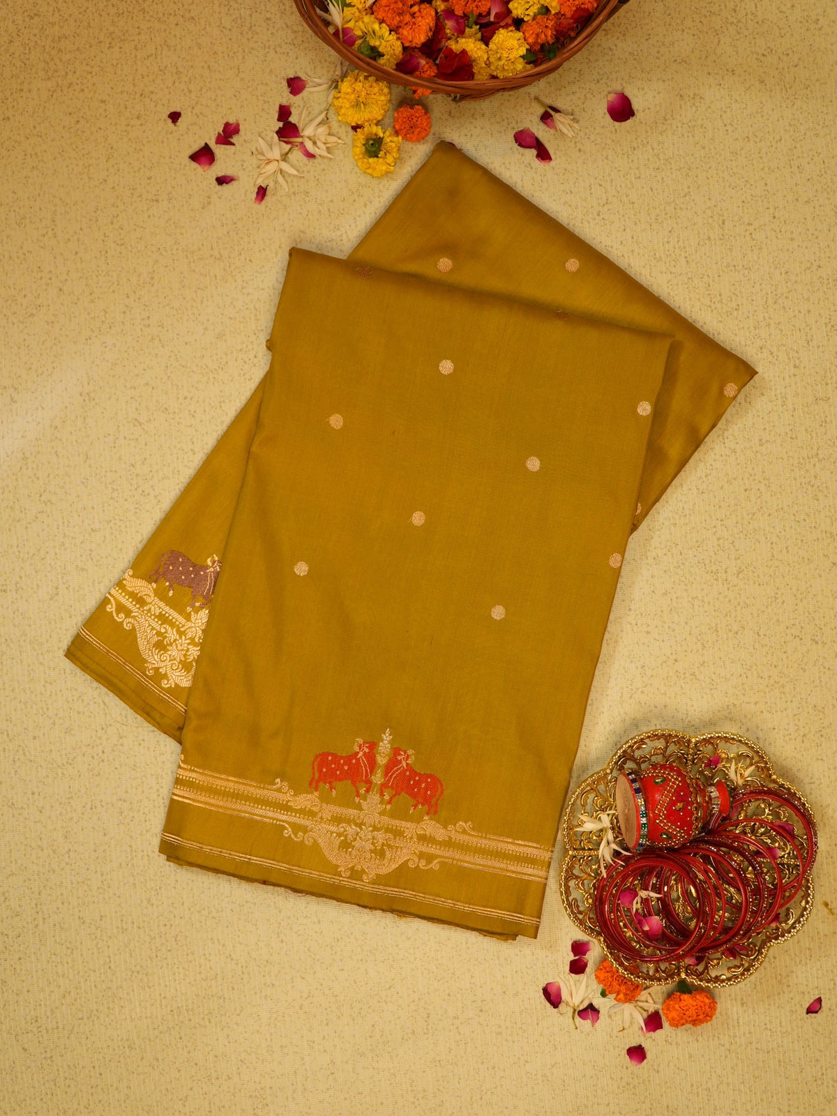 Golden Mustard Yellow 100% Pure Katan Handwoven Silk Saree with Zari Work