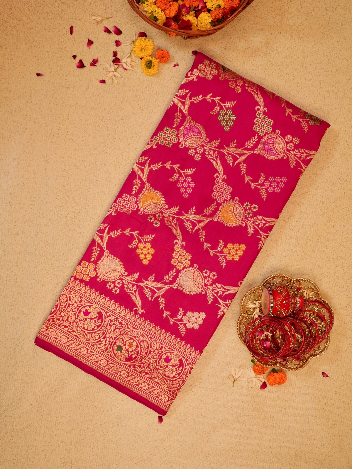 Rani Pink 100% Pure Katan Handwoven Silk Saree with Zari Work