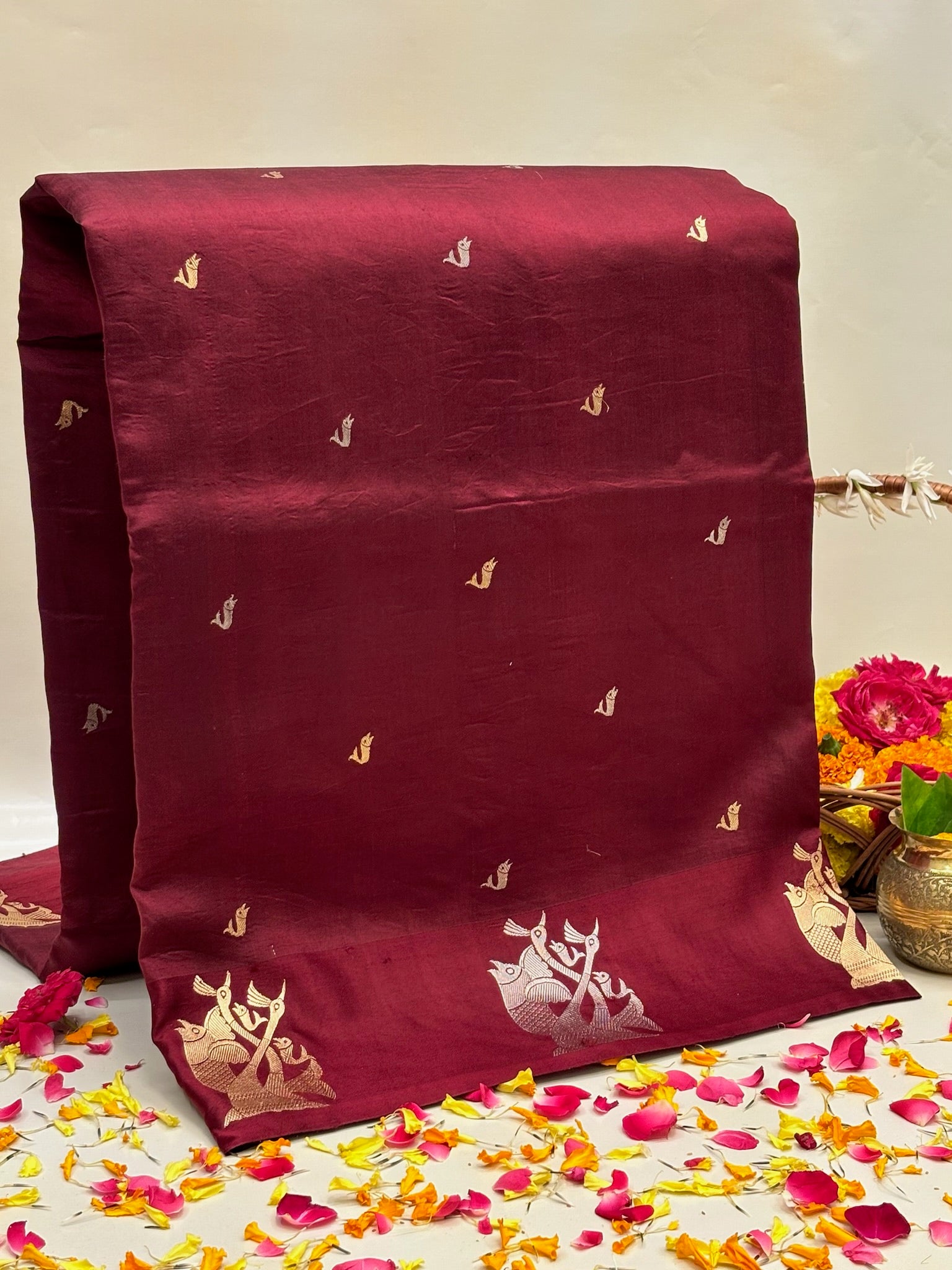 Wine Premium Banarasi Soft Silk Saree – 100% Handwoven | Elegant & Timeless Design