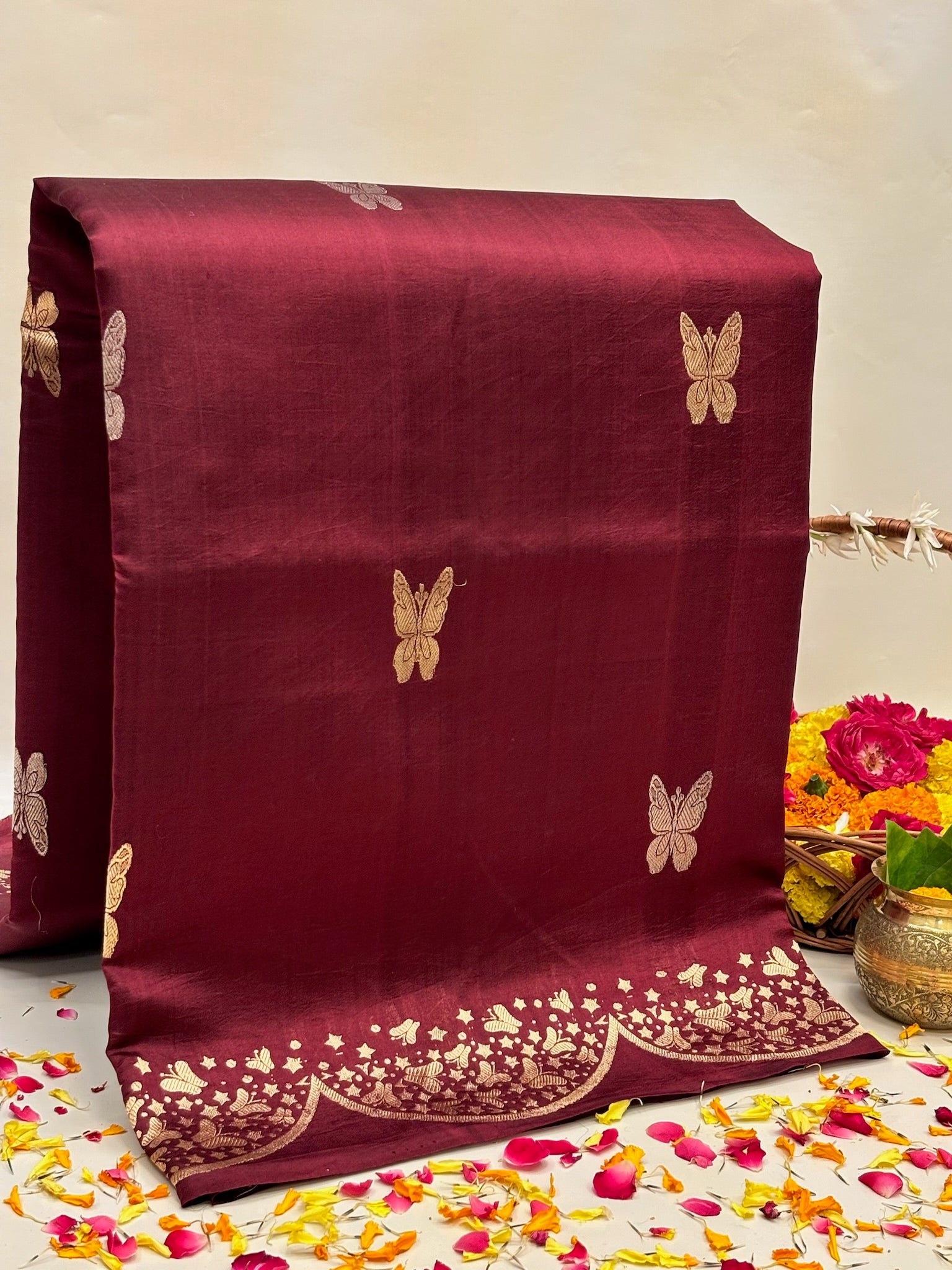 Wine Premium Banarasi Soft Silk Saree – 100% Handwoven | Elegant & Timeless Design