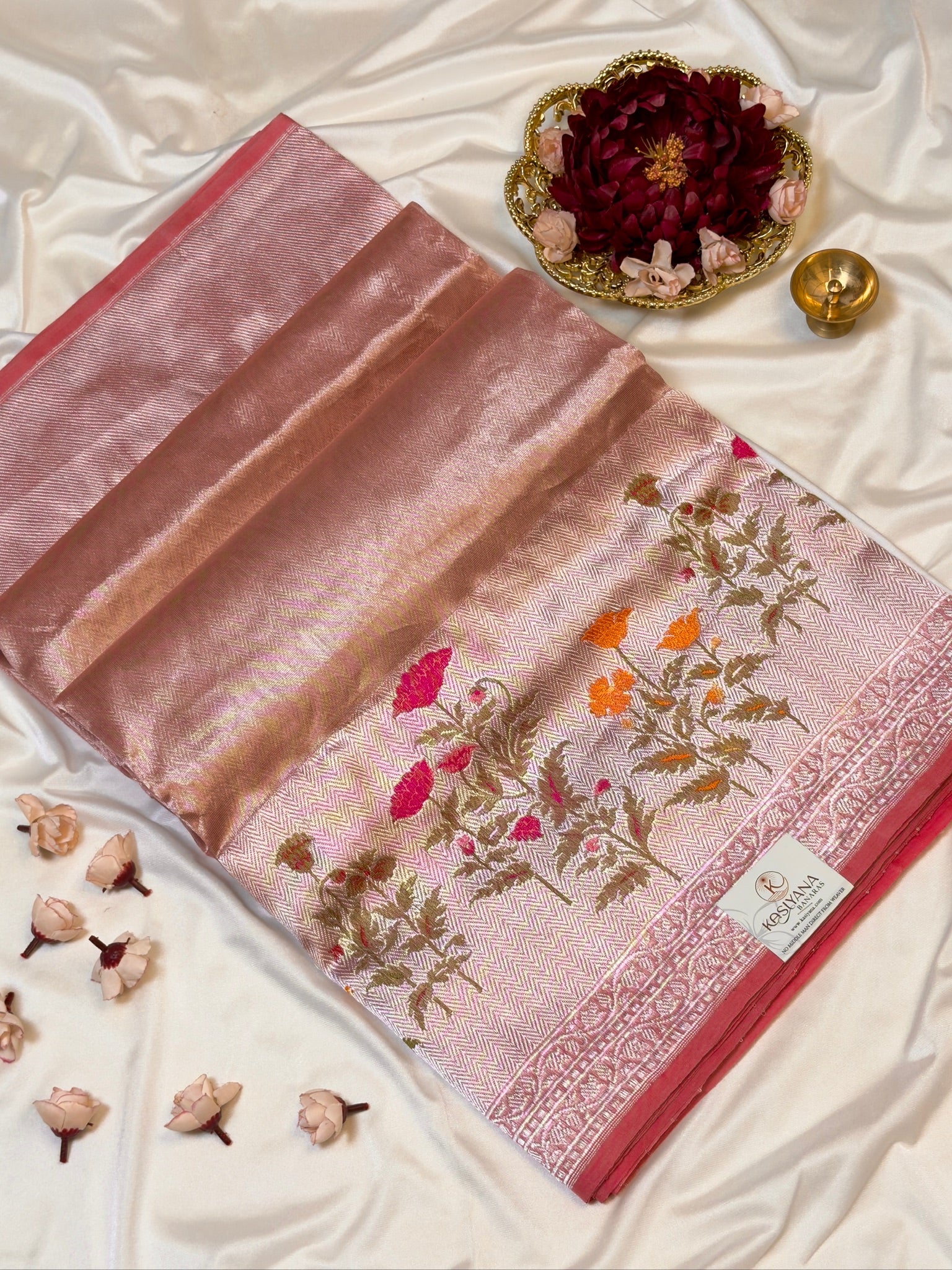 Rose Pink Pure Tissue Silk Kadiyal Border Banarasi handwoven Saree