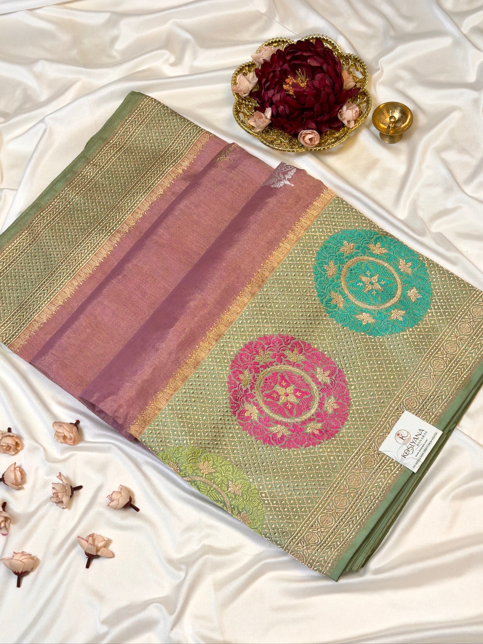 Dusty Rose Pink Pure Tissue Silk Kadiyal Border Banarasi handwoven Saree