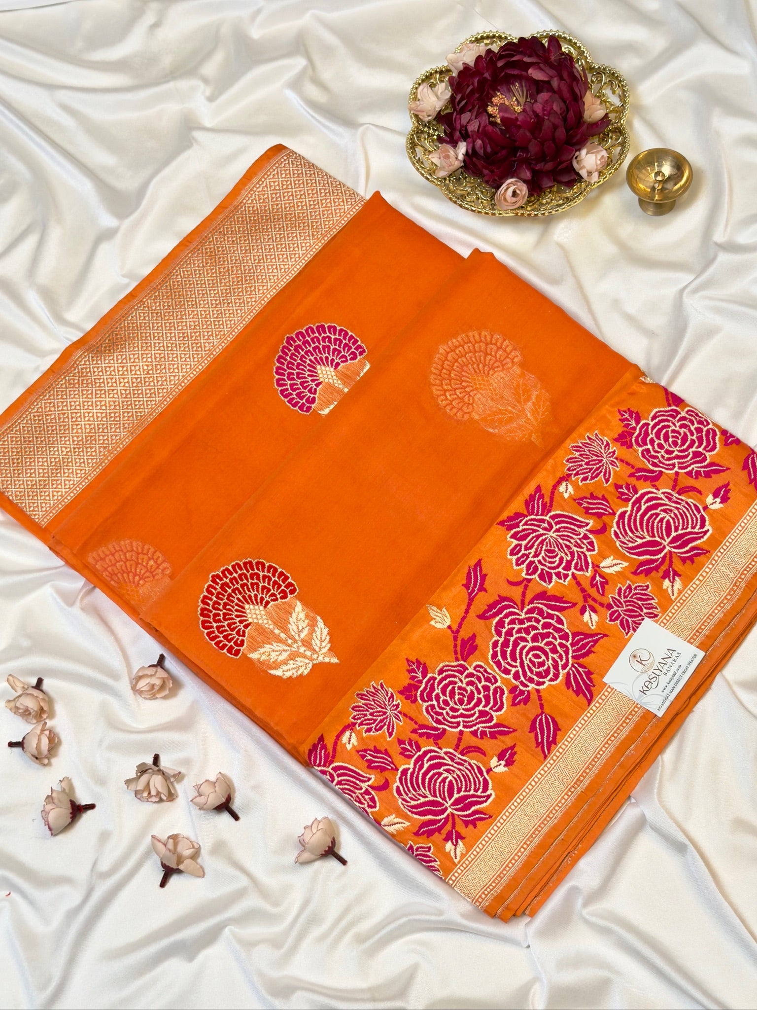 Orange Pure Kora Silk Kadiyal Border Banarasi handwoven Saree