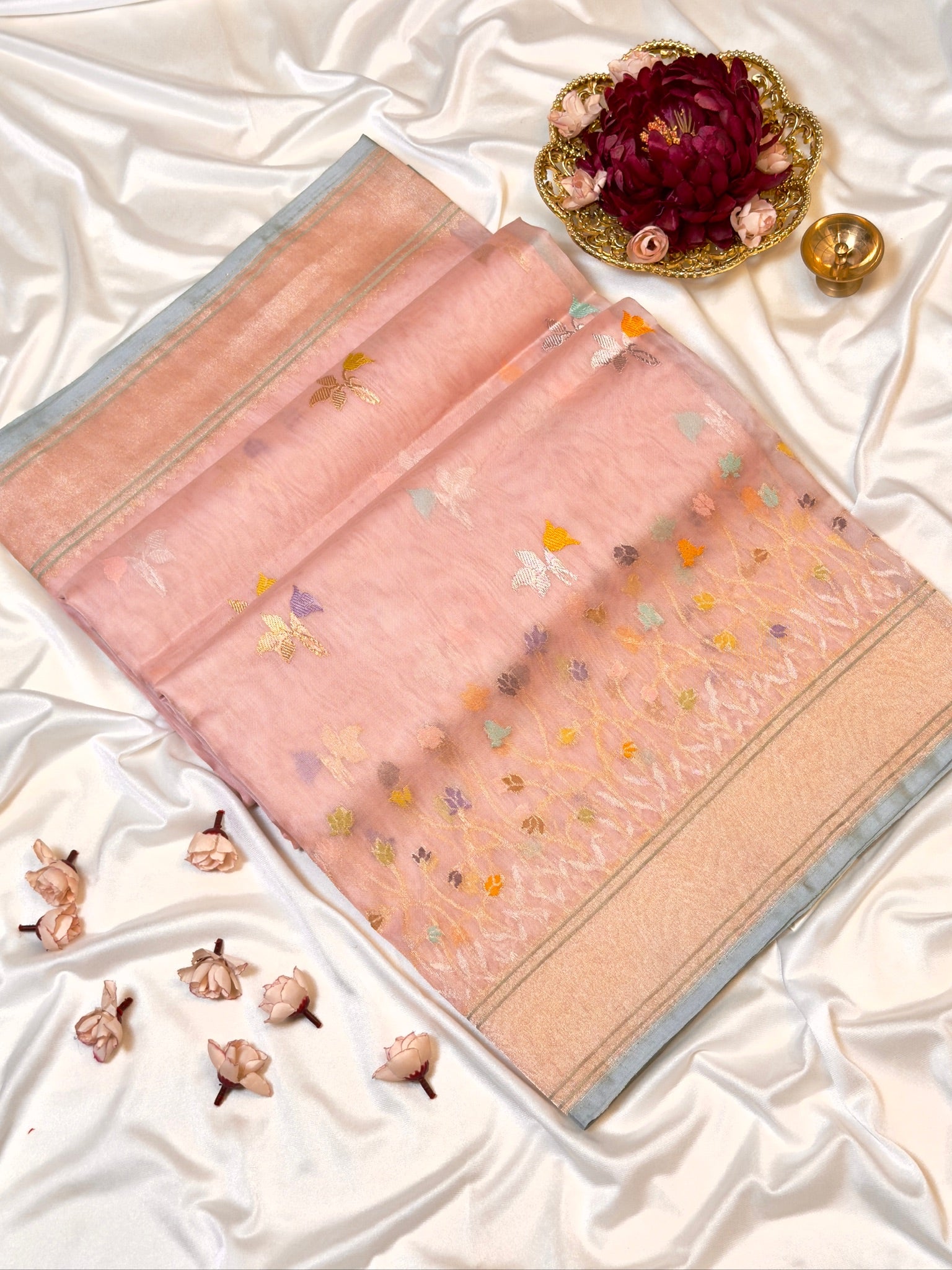 Peach Pure Kora Silk Kadiyal Border Banarasi handwoven Saree
