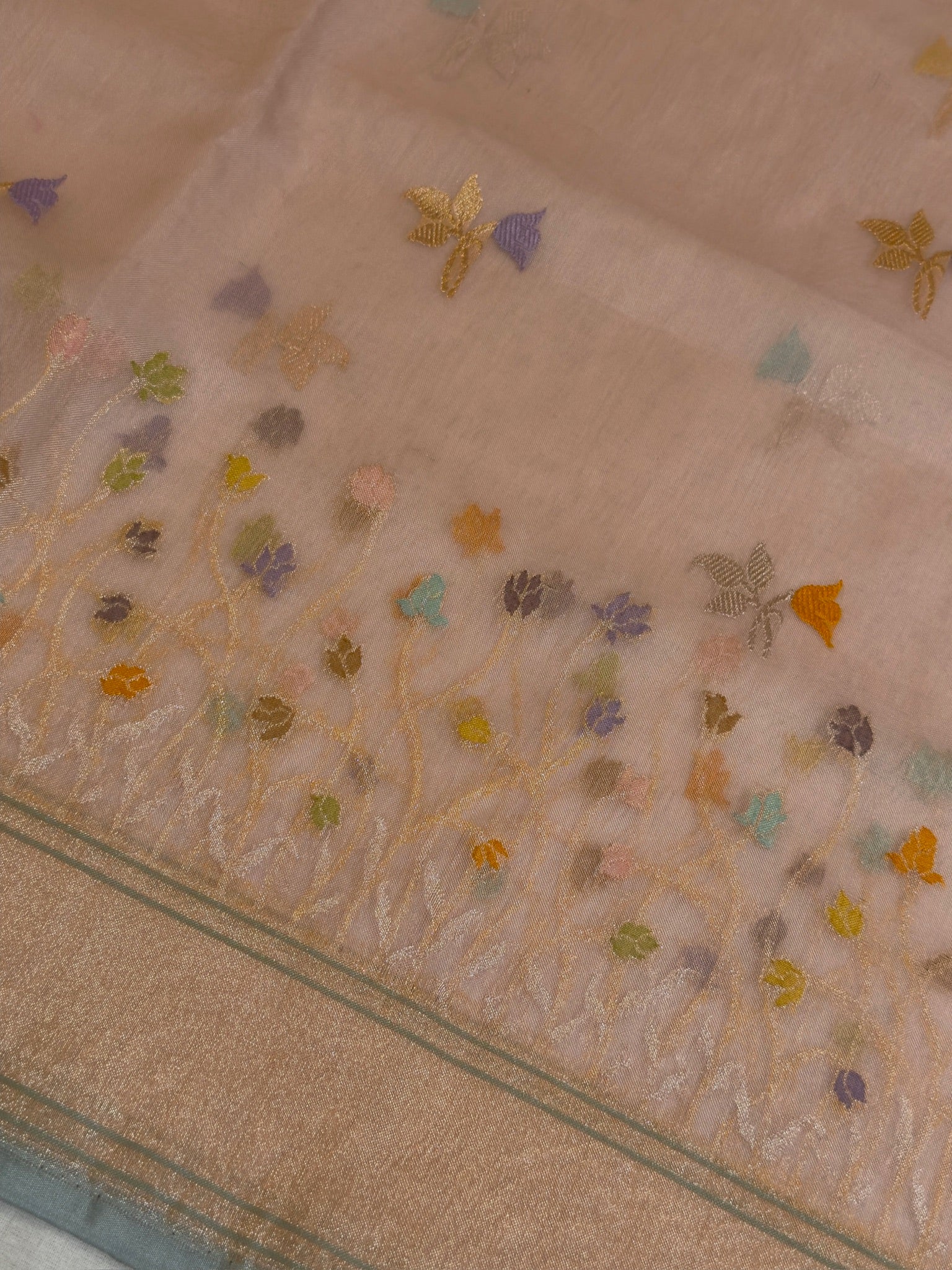 Peach Pure Kora Silk Kadiyal Border Banarasi handwoven Saree