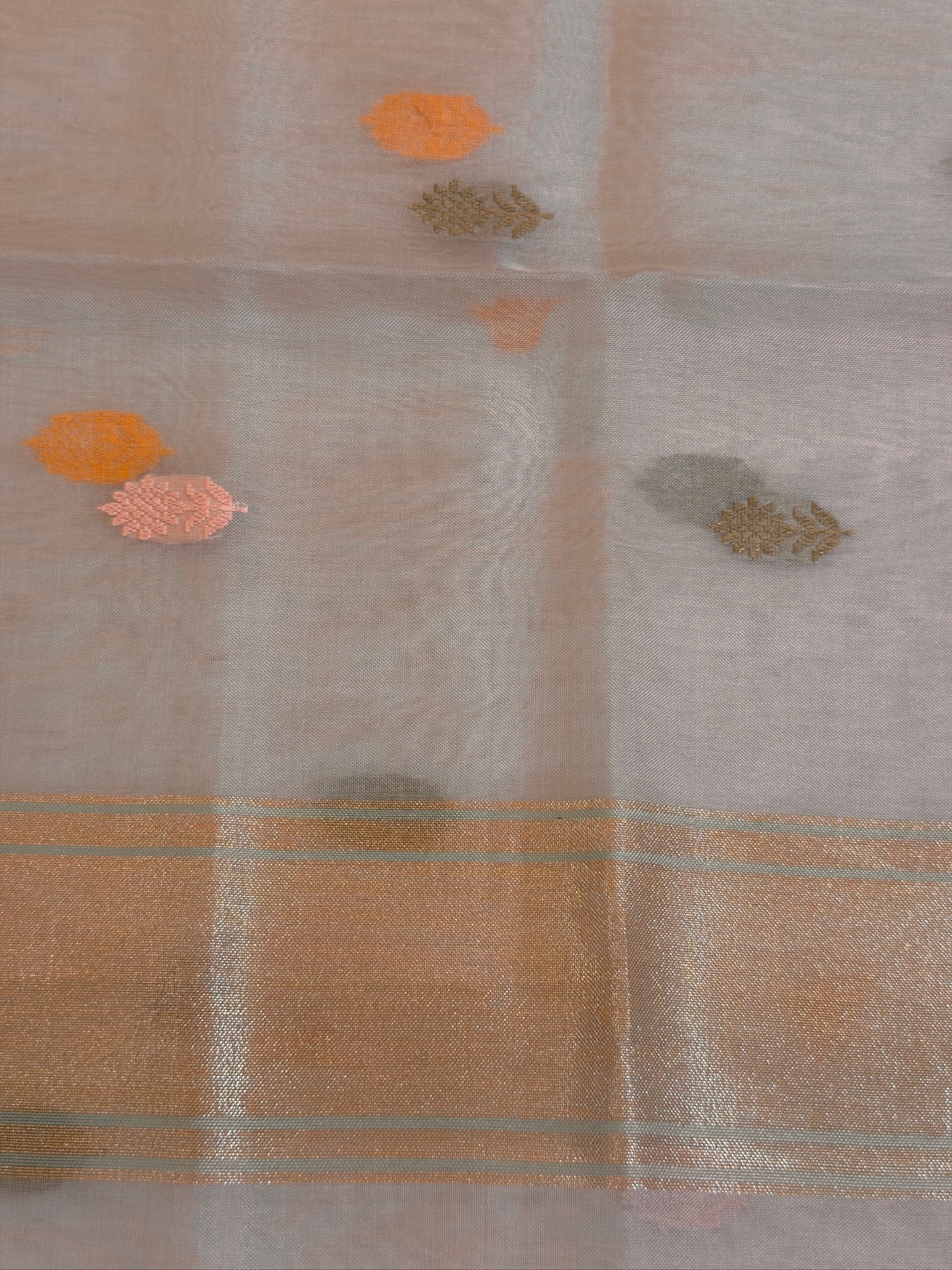 Peach Pure Kora Silk Kadiyal Border Banarasi handwoven Saree