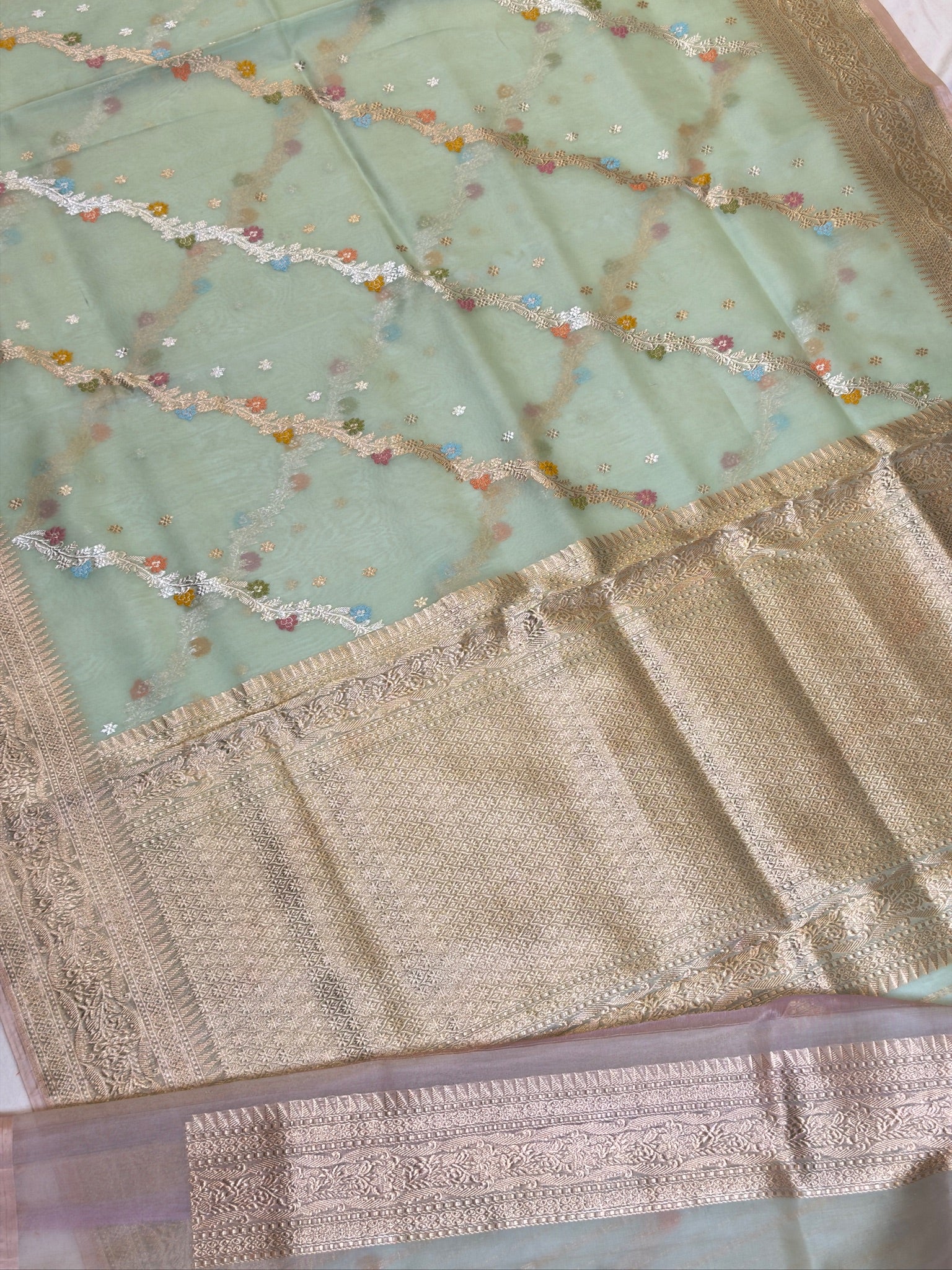 Sea Green Pure Kora Silk Kaduwa Border Banarasi handwoven Saree