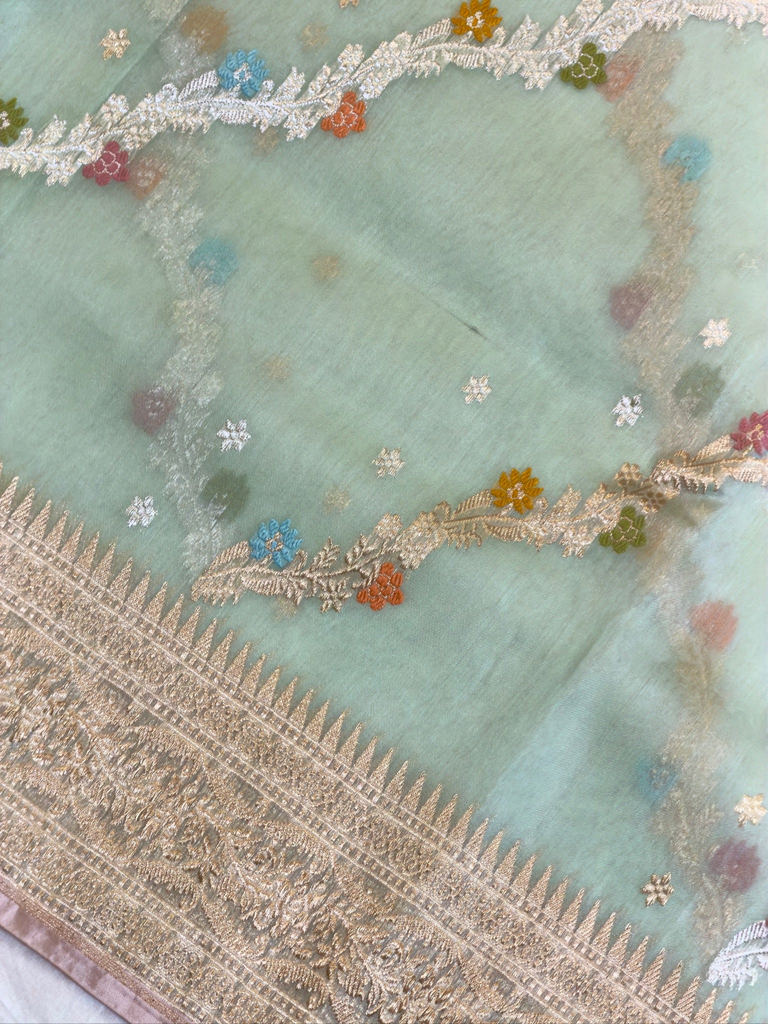 Sea Green Pure Kora Silk Kaduwa Border Banarasi handwoven Saree