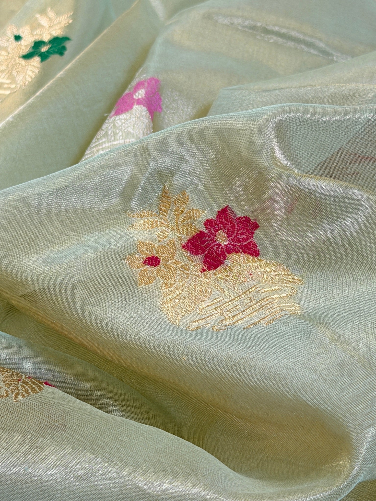 Light Olive Green Pure Tissue Silk Kadiyal Border Banarasi handwoven Saree