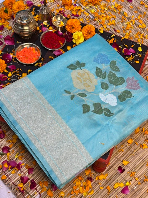 Sea Blue Handwoven Pure Banarasi Ektara Jamdani Silk Saree – Kadwa Iktara Weave, Pure Mulberry Silk
