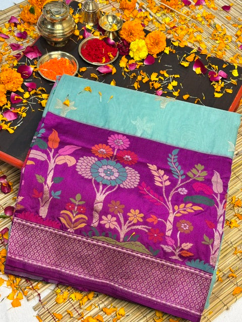 Sea Green Blue Kora Jamdani Ektara Skart Border Silk handwoven Banarasi Saree