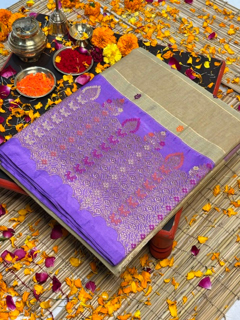 Golden Olive Handwoven Pure Banarasi Tissue Silk Saree