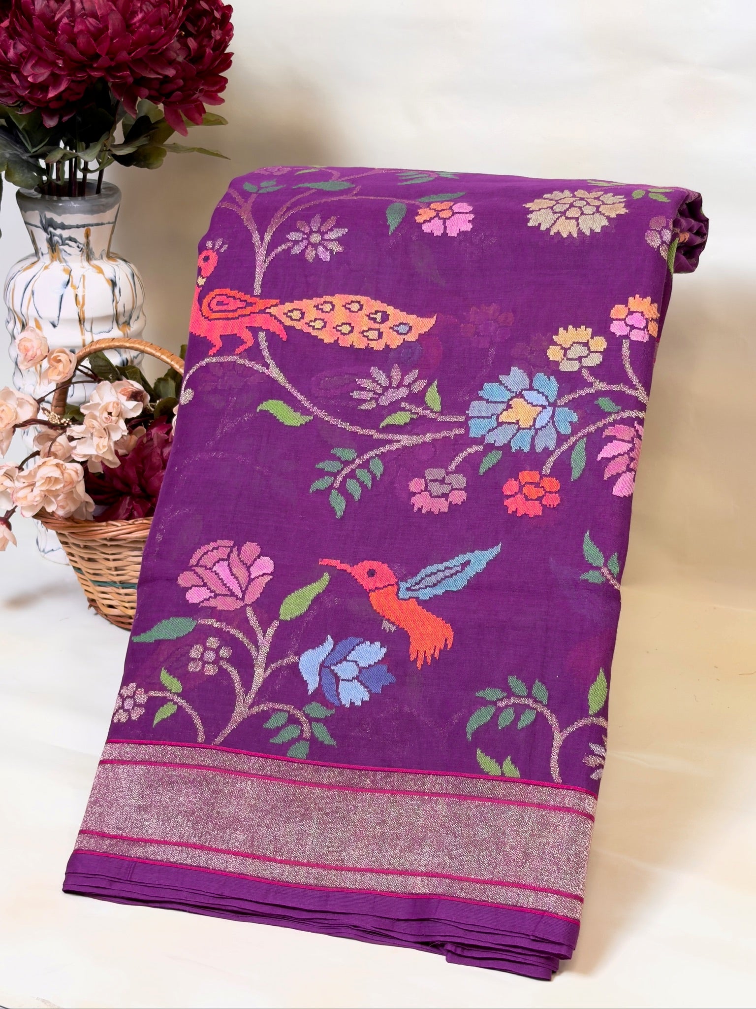 Purple Pure Real Zari Cotton Jamdani Saree with Sikargha