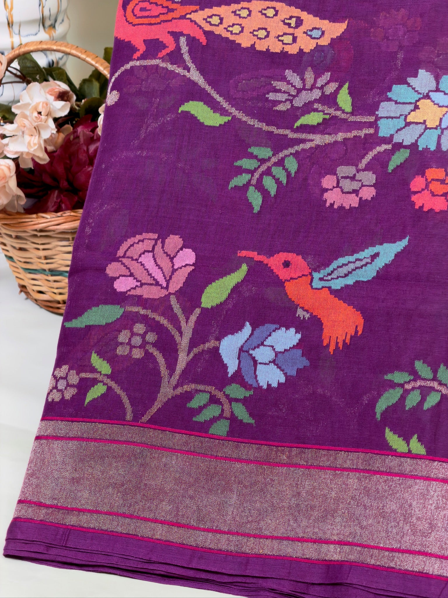 Purple Pure Real Zari Cotton Jamdani Saree with Sikargha