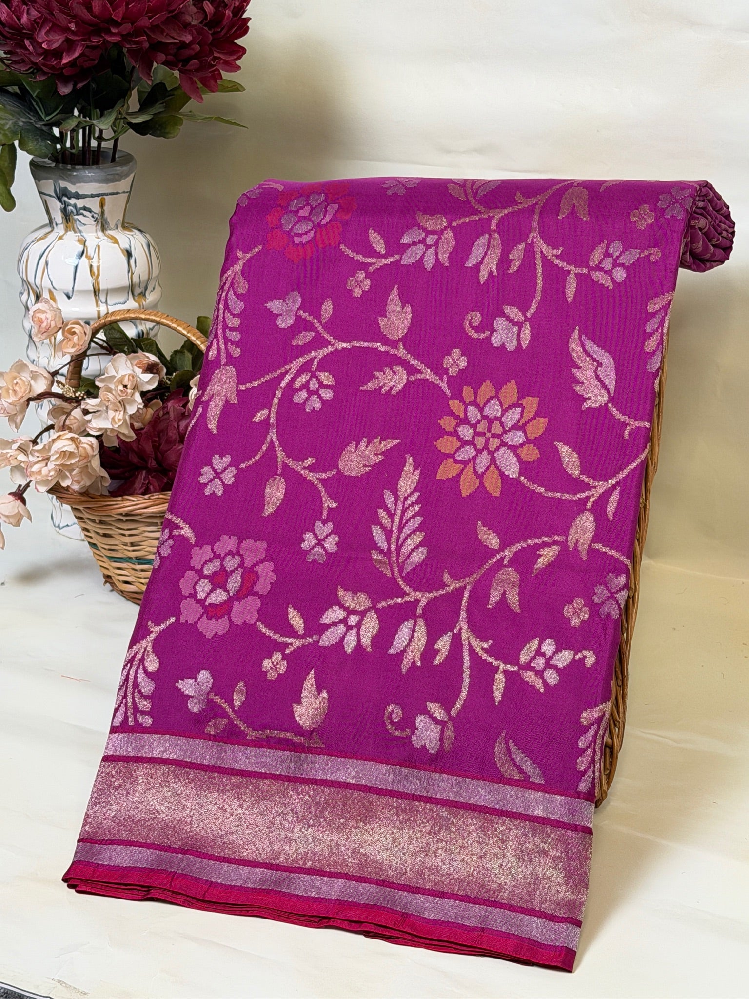 Purple Pure Real Zari Ektara Jamdani Saree with Floral Weaving