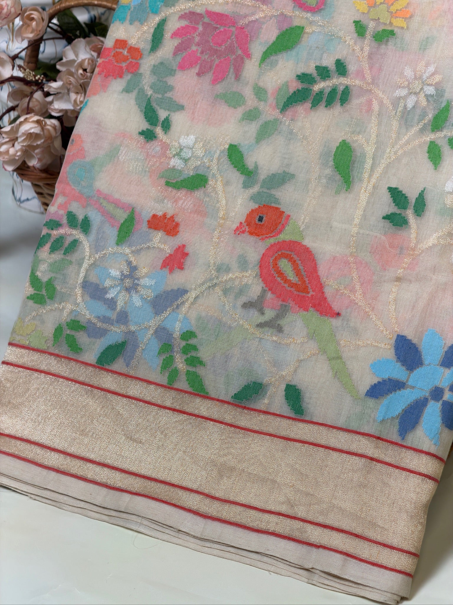 Swetambari Real Zari cotton Jamdani Saree with Sikargah