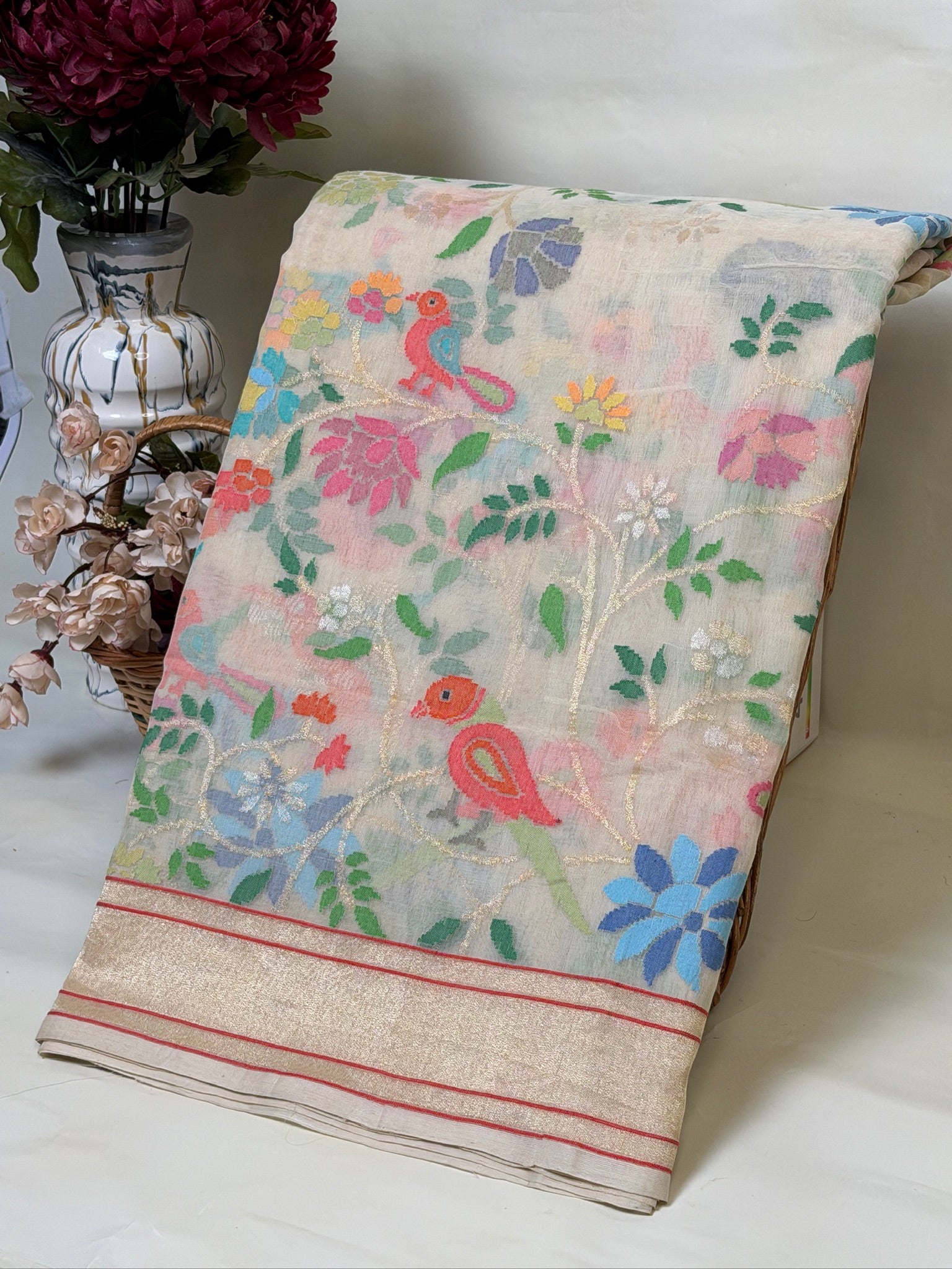 Swetambari Real Zari cotton Jamdani Saree with Sikargah
