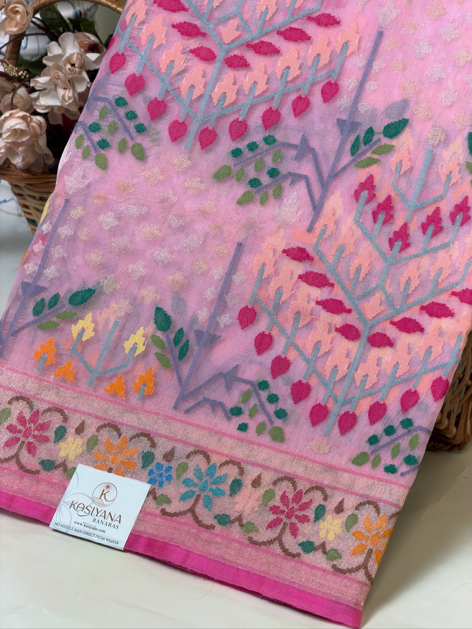 Pinkish Pink Pure Real Zari Kora Jamdani Saree with Floral Weaving