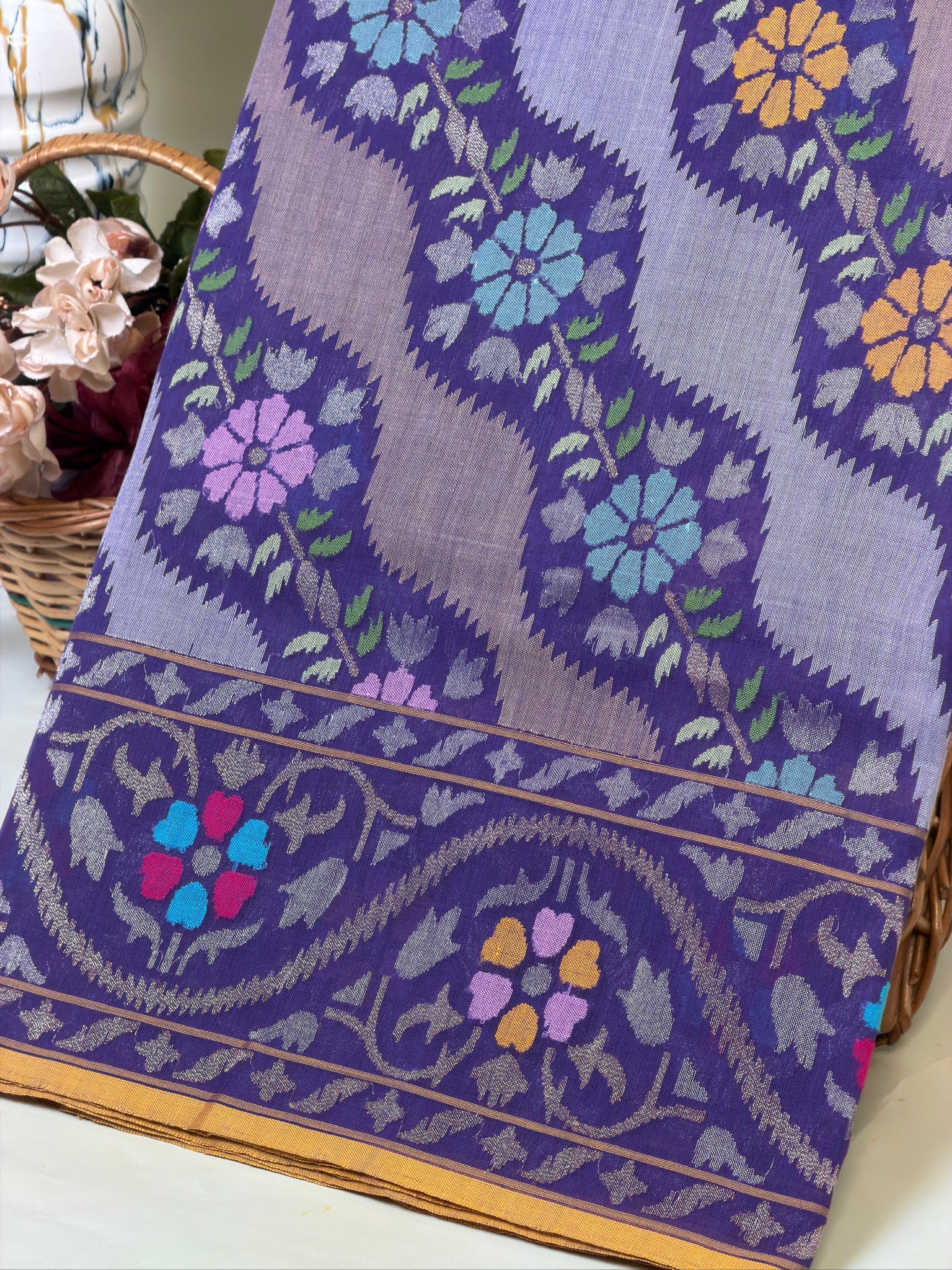 Pure Real Zari Cotton Jamdani Saree Nilambari Rangkat saree