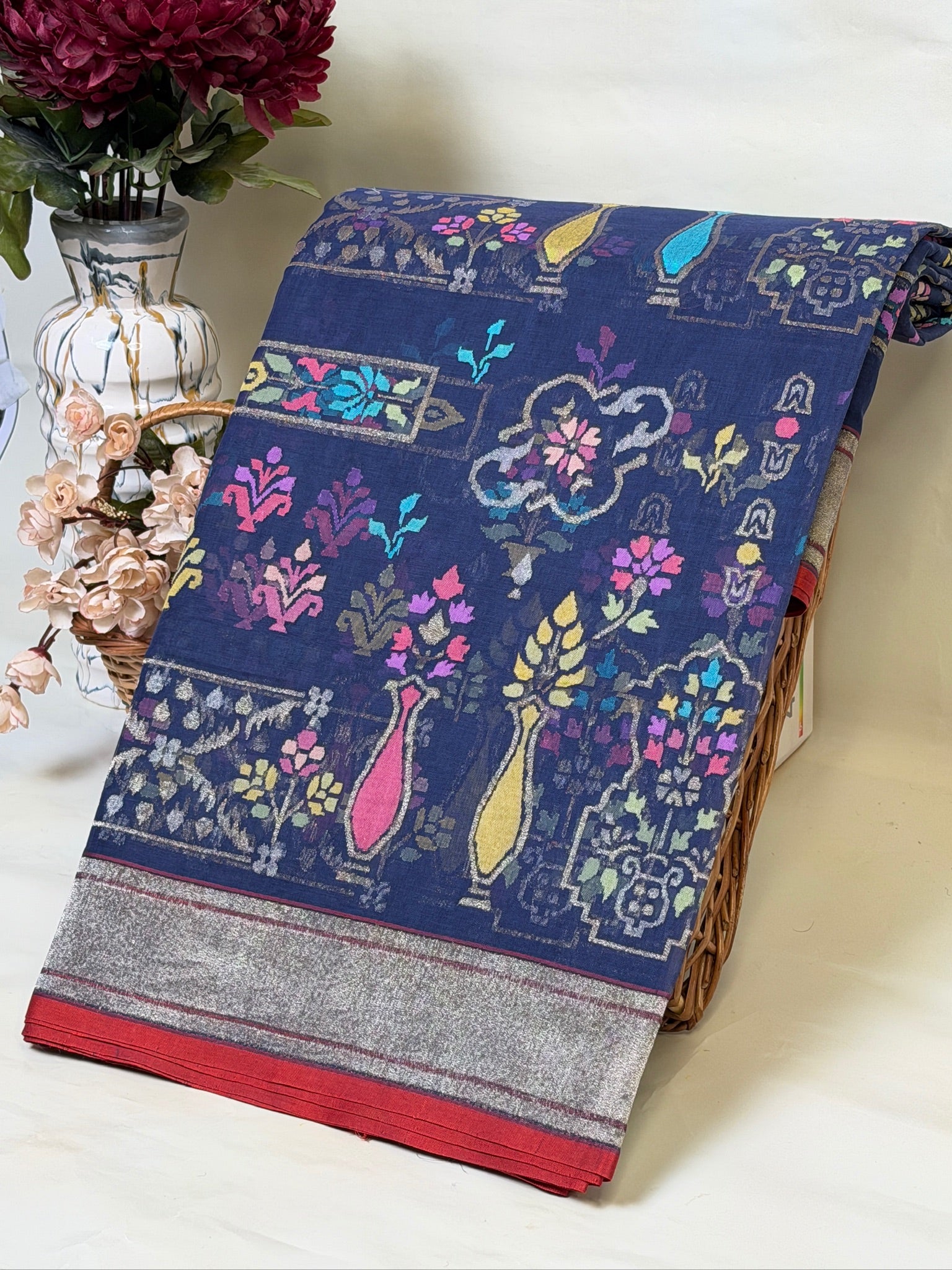 Nilambari Pure Real Zari Kora Jamdani Saree with Parsiyan desgin