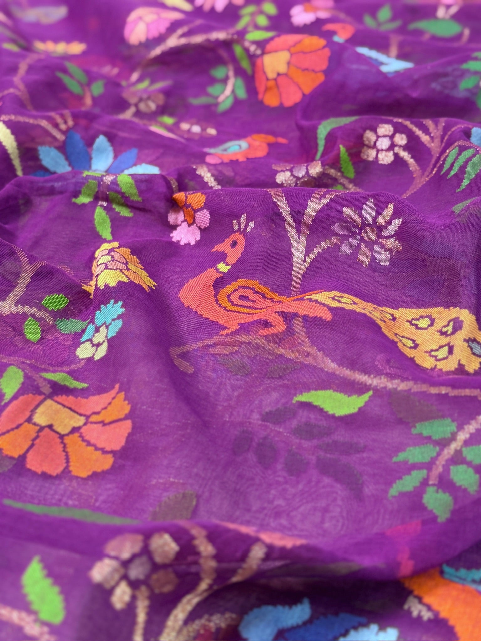 Purple Pure Real Zari Cotton Jamdani Saree with Sikargha