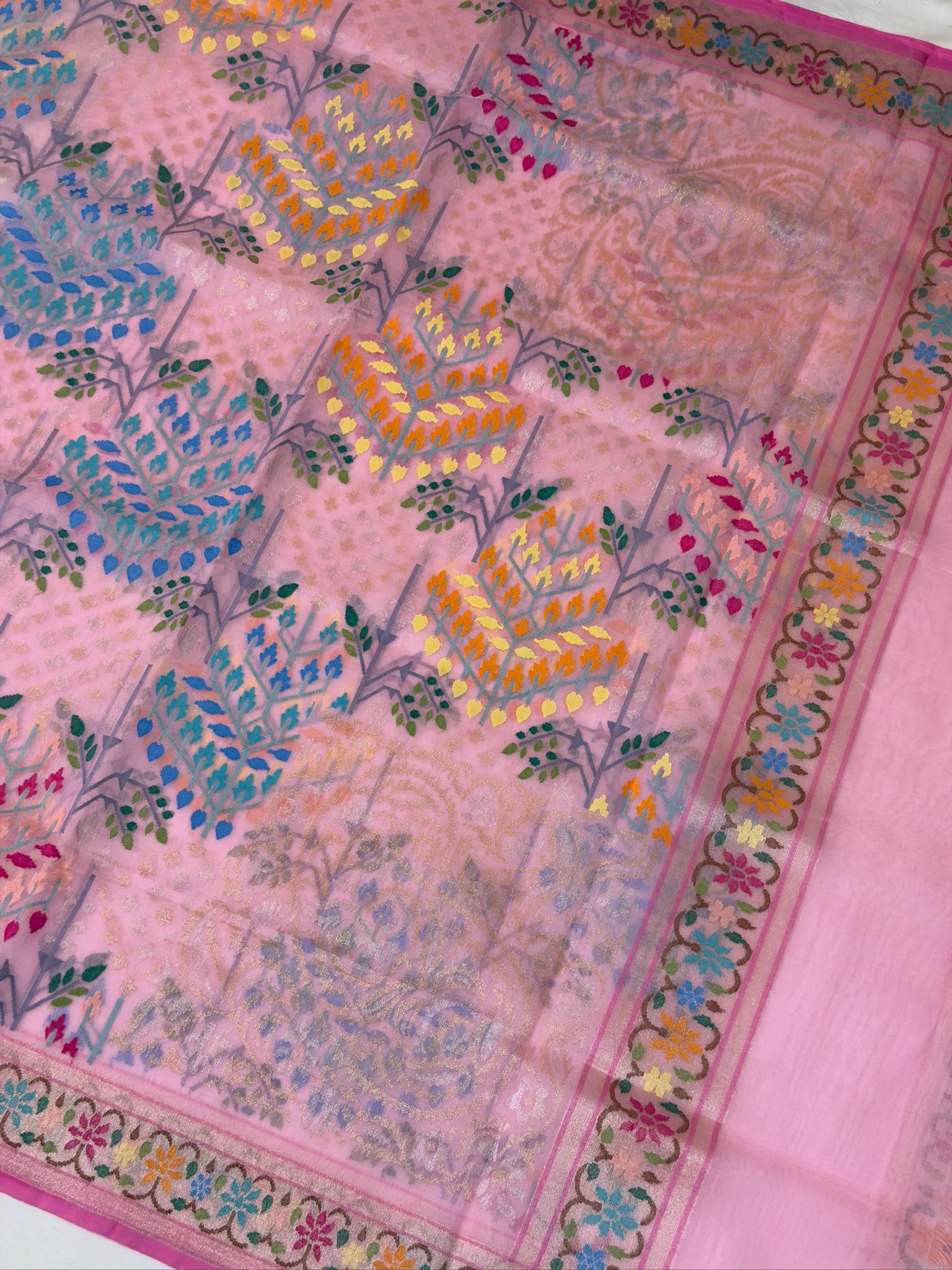 Pinkish Pink Pure Real Zari Kora Jamdani Saree with Floral Weaving