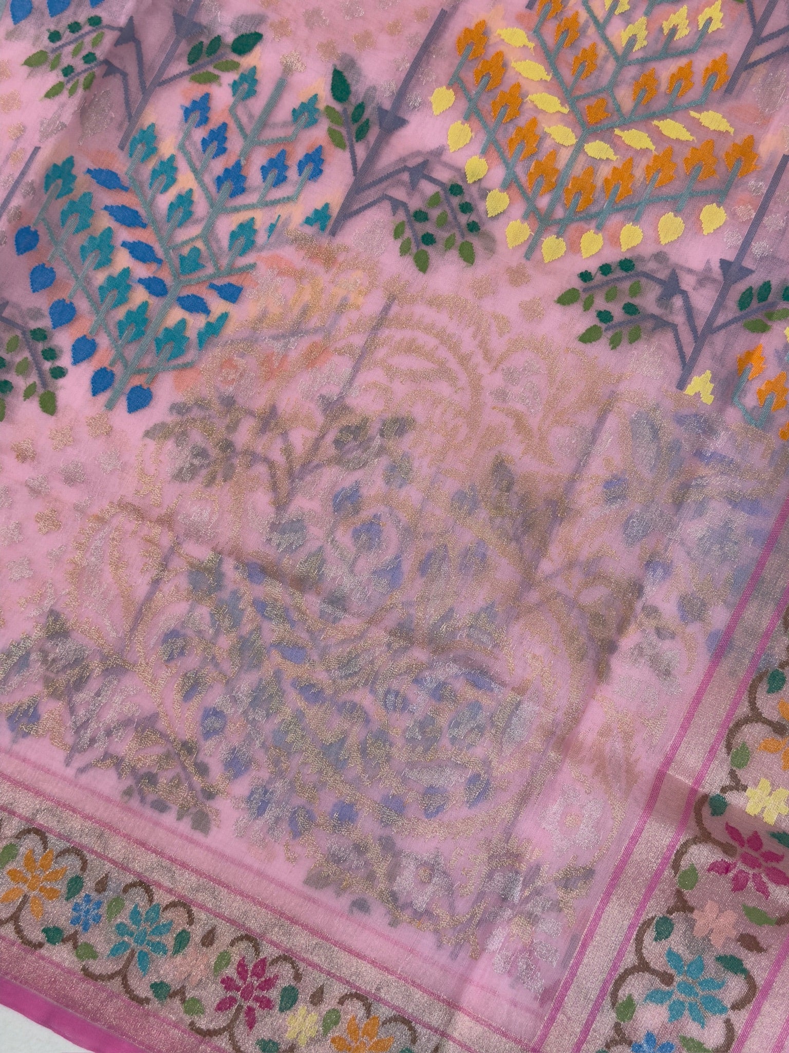 Pinkish Pink Pure Real Zari Kora Jamdani Saree with Floral Weaving
