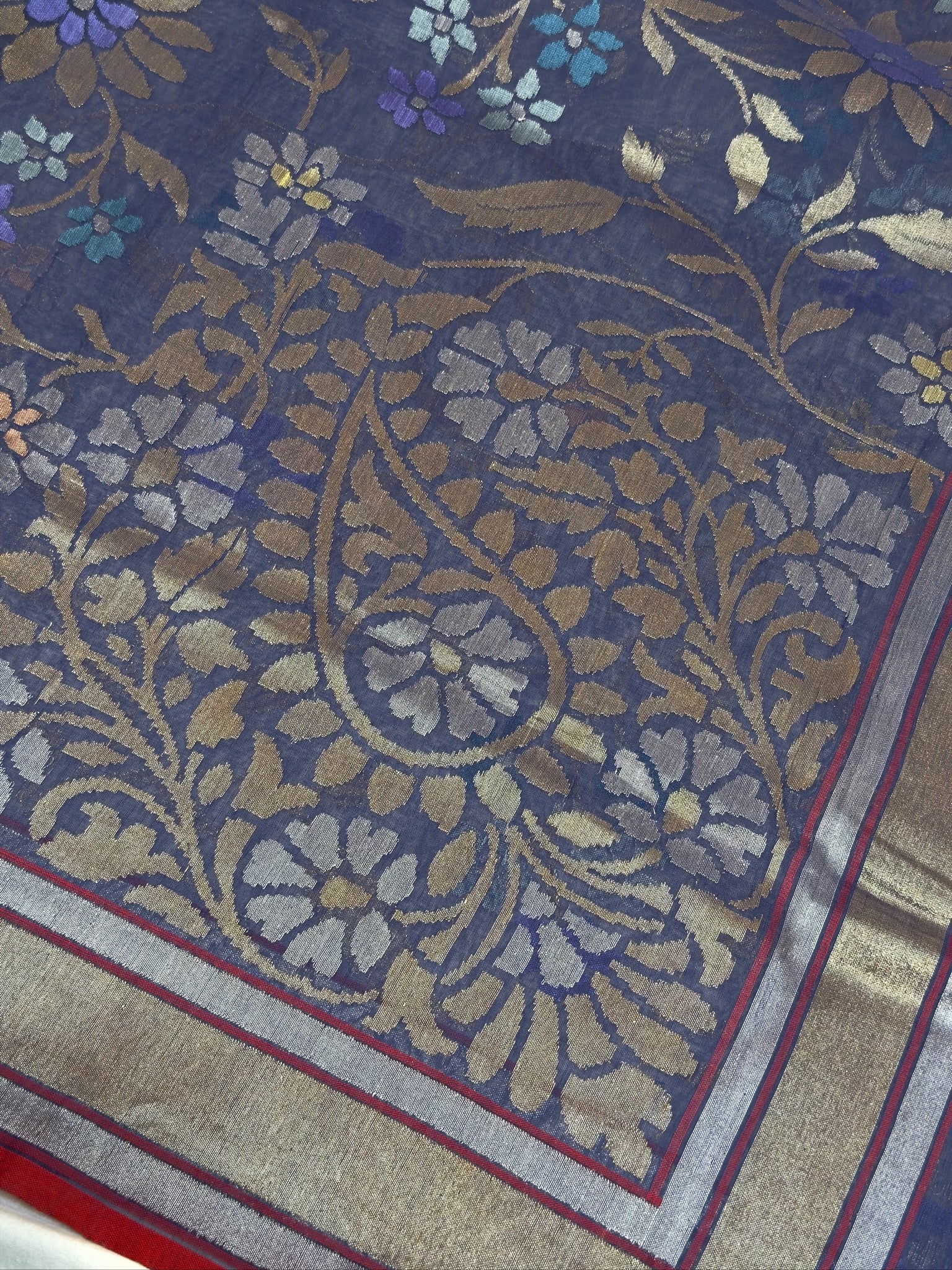 Nilambari Pure Real Zari Cotton Jamdani Saree with Floral Weaving
