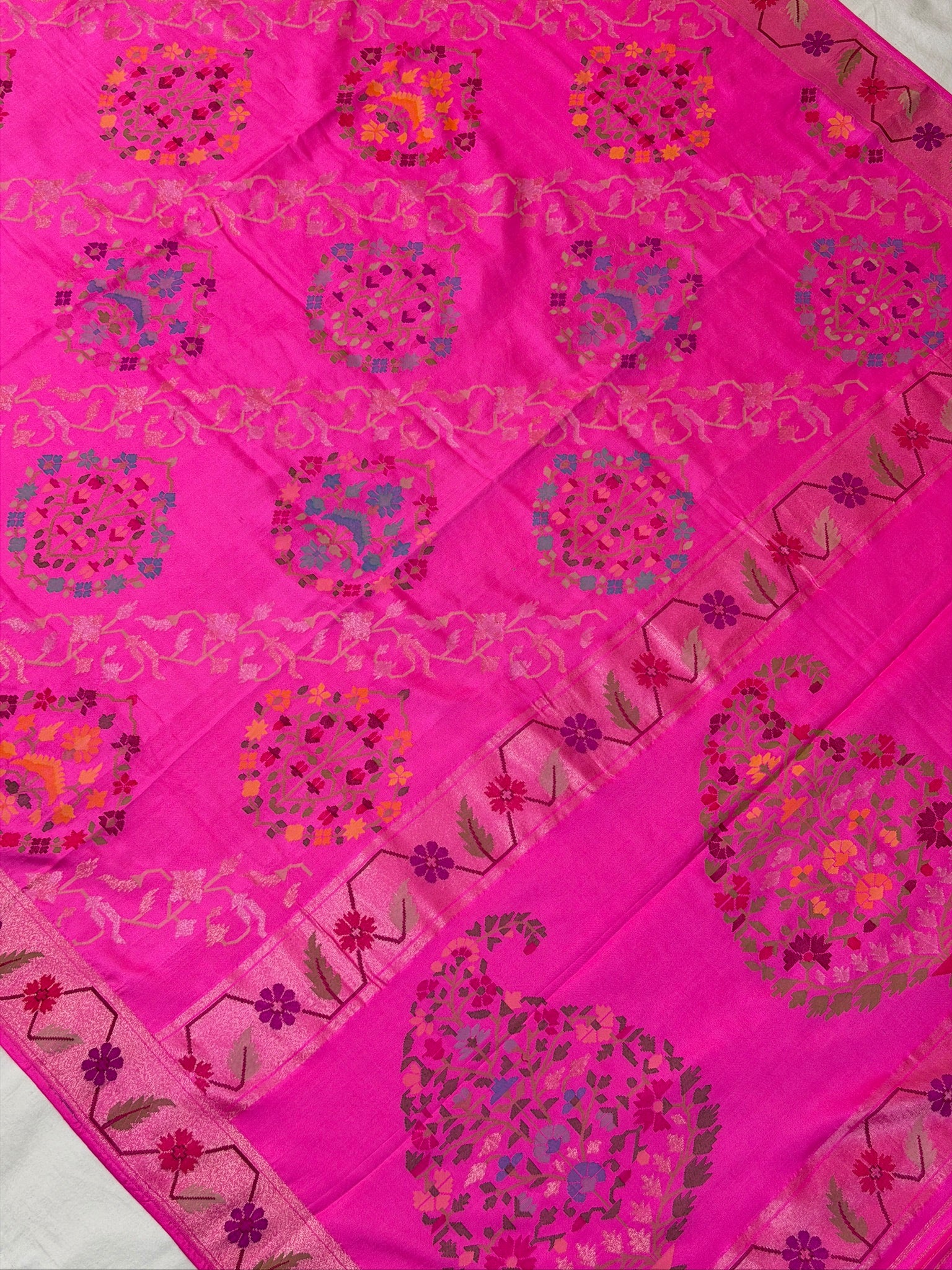 Hot Pink Pure Real Zari Ektara Silk Jamdani Saree with Floral Weaving